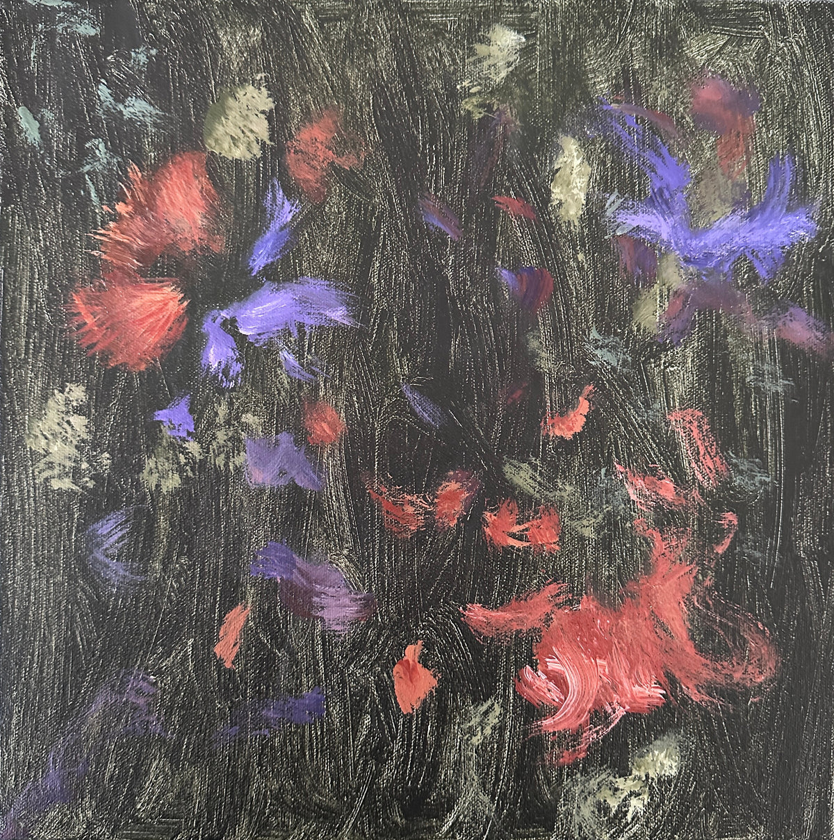 Forever and Always is an original abstract painting featuring expressive gestural brushwork and layered movement with subtle references to atmosphere and the natural world, where flowers and leaves are seen to be floating in the breeze. - in dark green. black, soft sage green, purple and rusty red/coral tones.