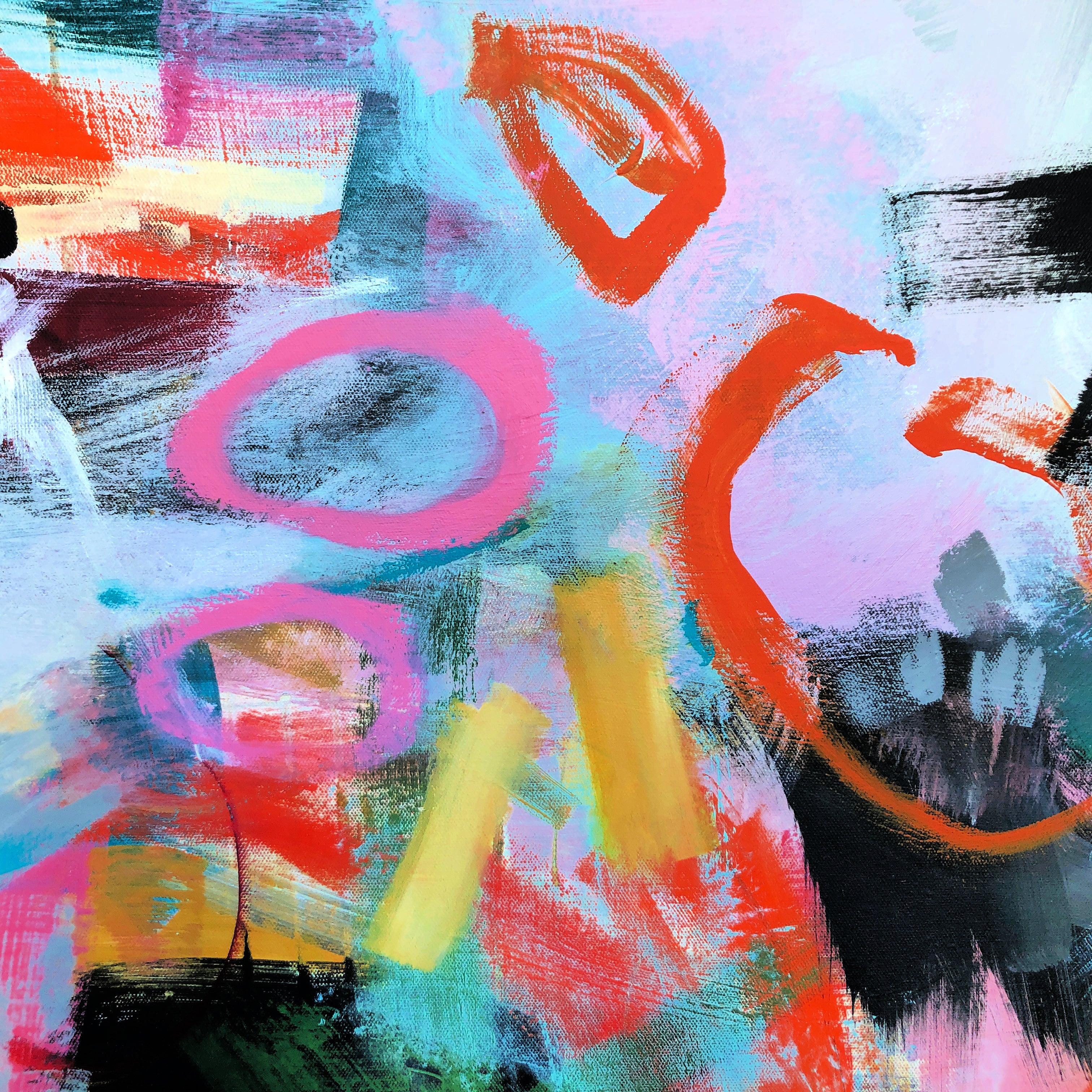 Close-up detail of contemporary abstract expressionist painting with gestural mark making on canvas in bold colours