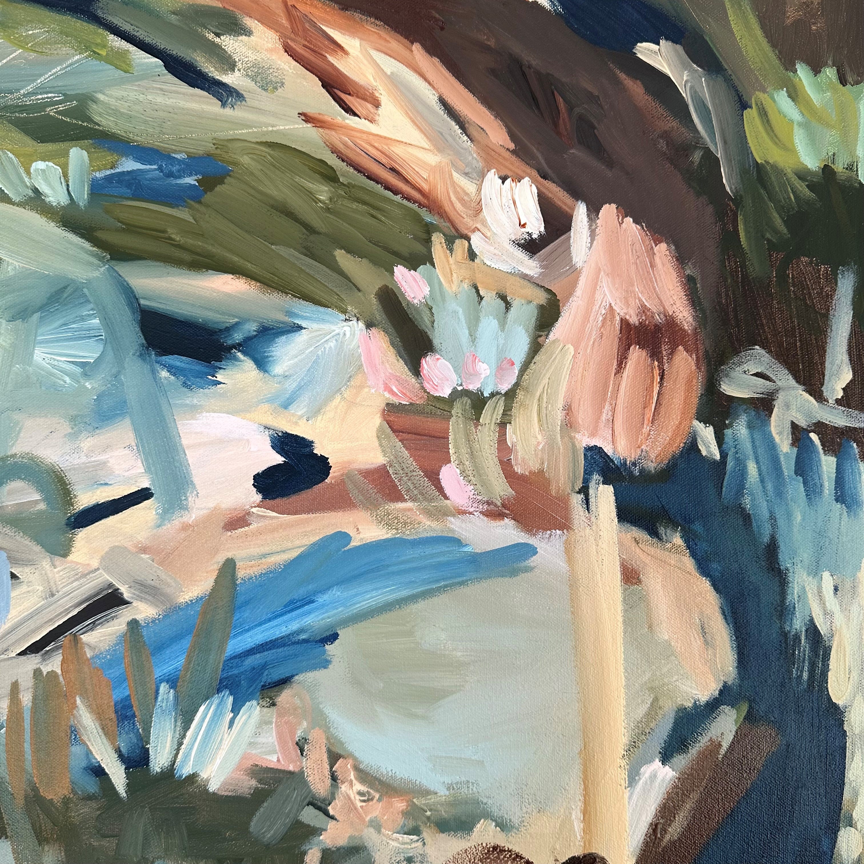 Close-up detail of expressive brushstrokes of abstract painting inspired by nature. in natural colours of blue, beige, brown and green