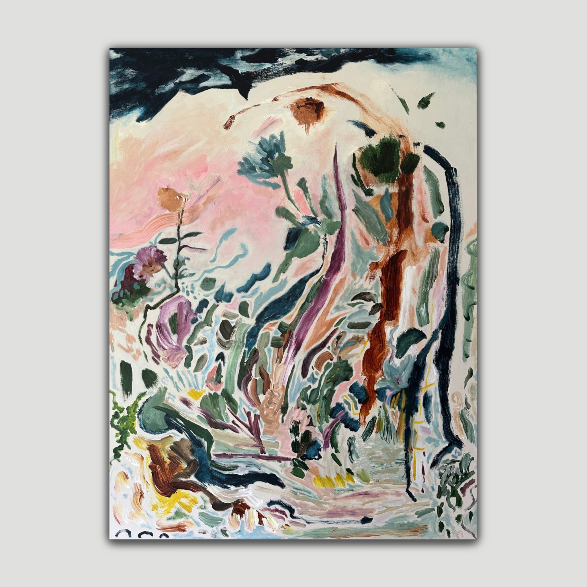 Expressive, gestural abstract painting "Frolic In The Bloom" of flower garden in beige, blue, pink, green, brown and yellow - front view