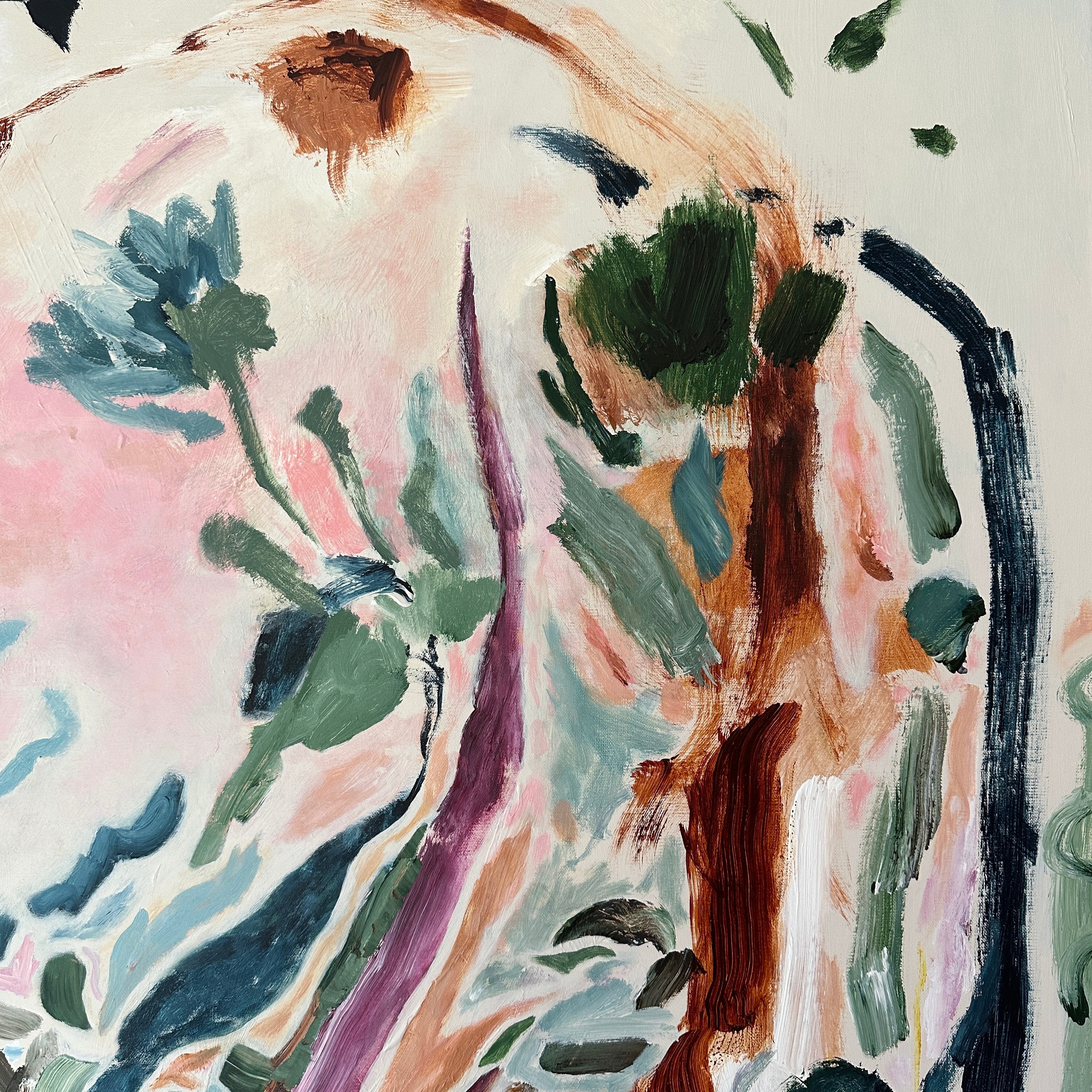 Close-up detail of abstract floral painting with gestural brushstrokes on neutral background