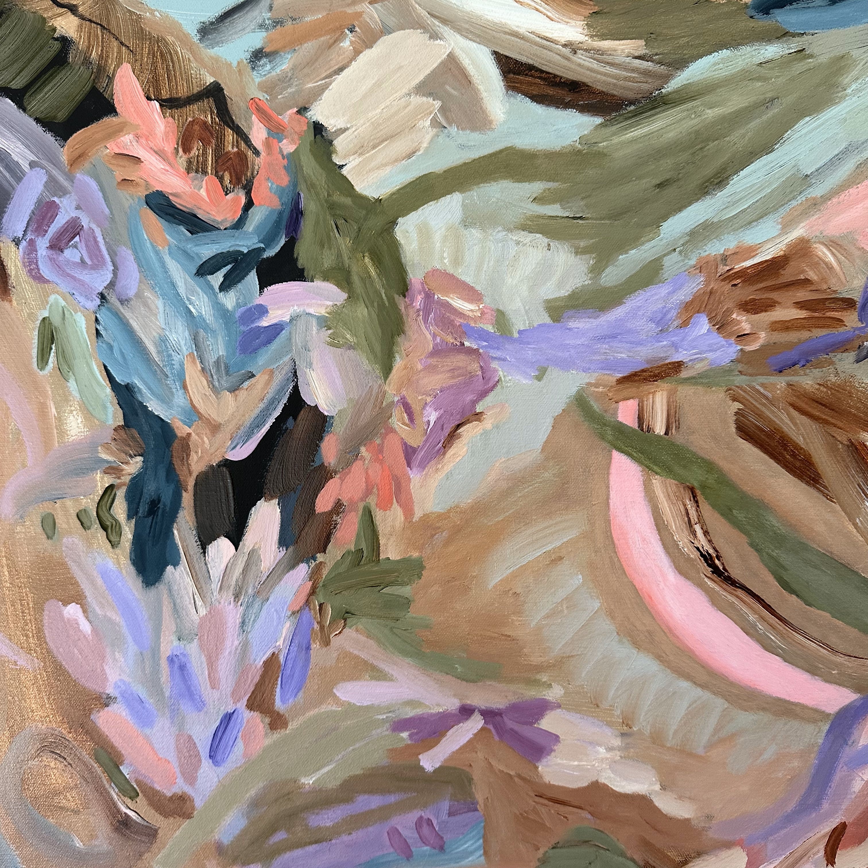 Close-up detail of abstract painting of nature with gestural brushstrokes in pastel colours on canvas