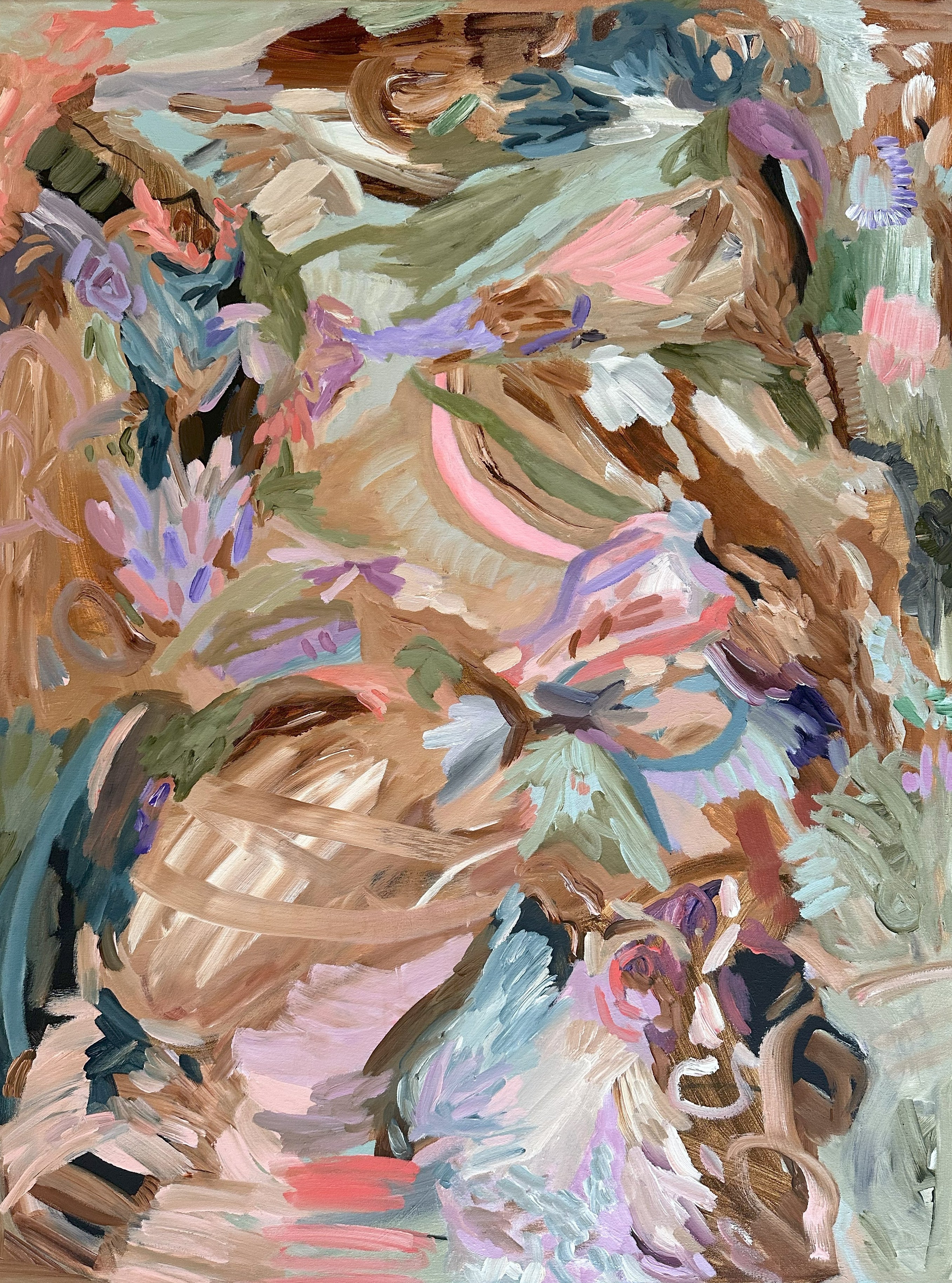 Abstract painting in soft colours of pink blue, brown and green that alludes to a garden of plants and flowers - cropped front view