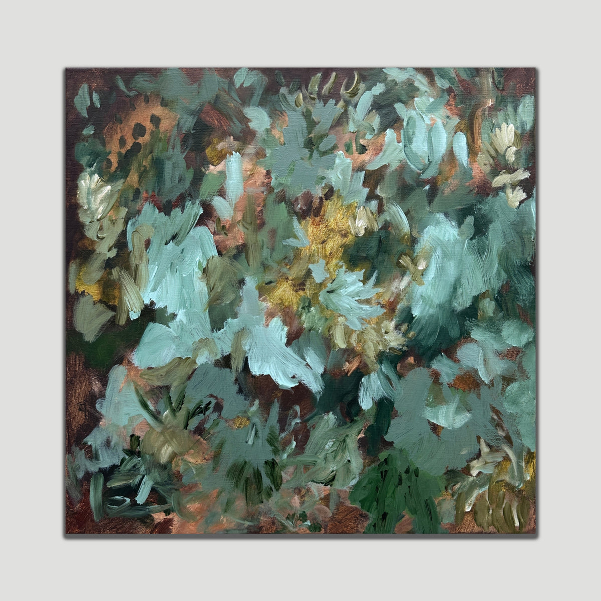 Square abstract painting Go Gently by Kylie Sams alluding to plants and flowers in nature in green and brown shades, shown on neutral background.