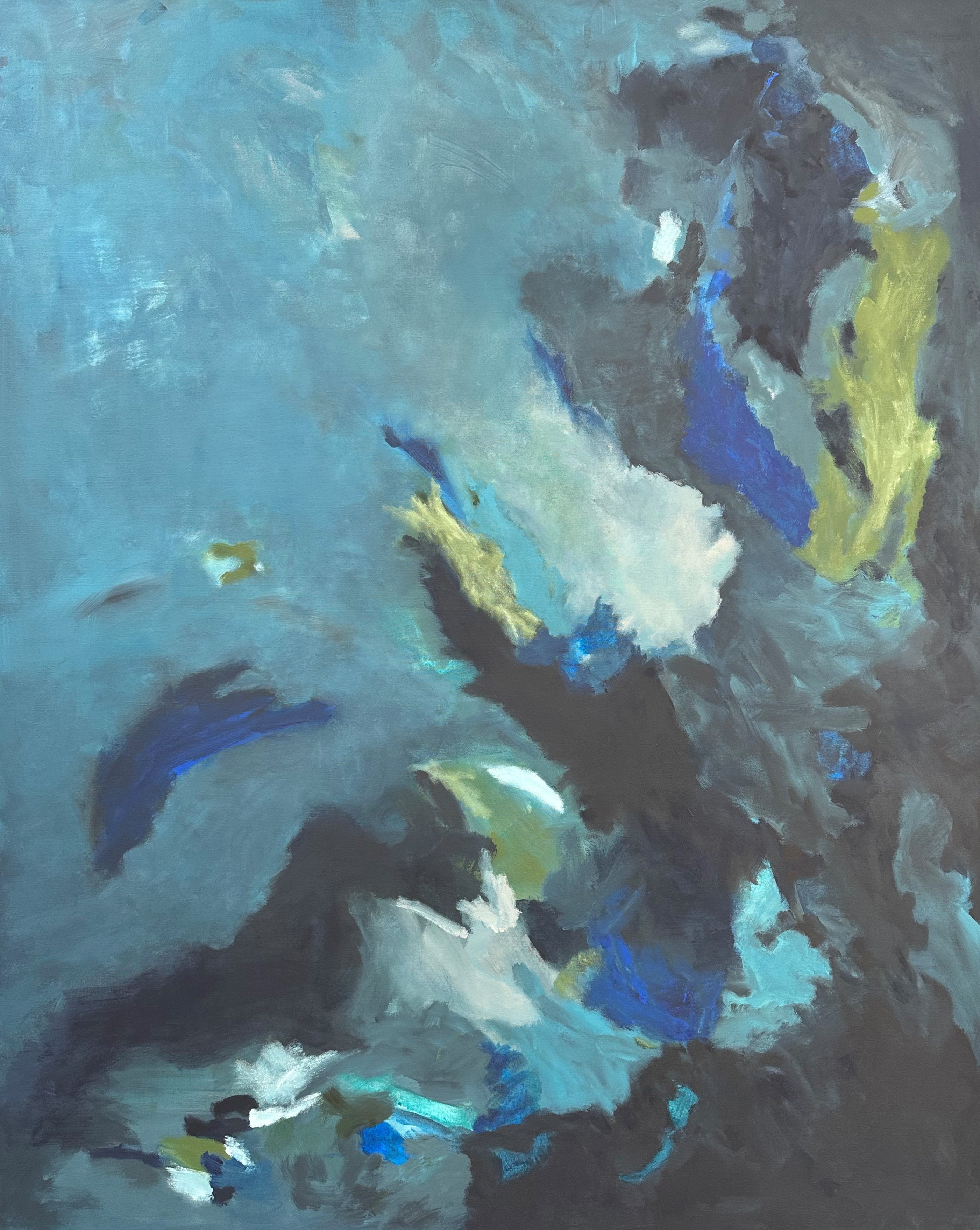 Blue abstract painting that alludes to the ocean and speaks to emotion and mental health - cropped front view