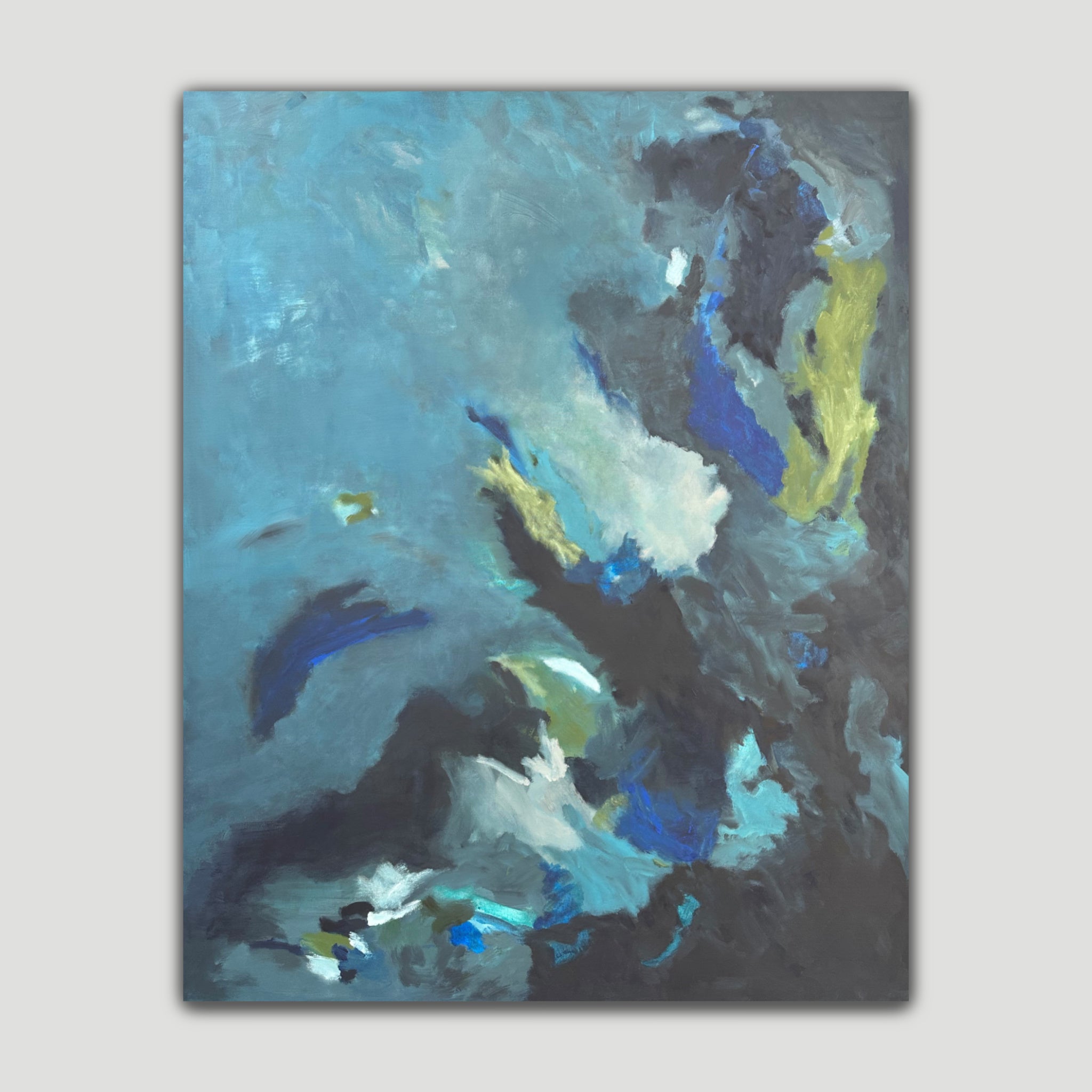 Large abstract expressionist painting "In The Blue" in layered blue and green tones - front view