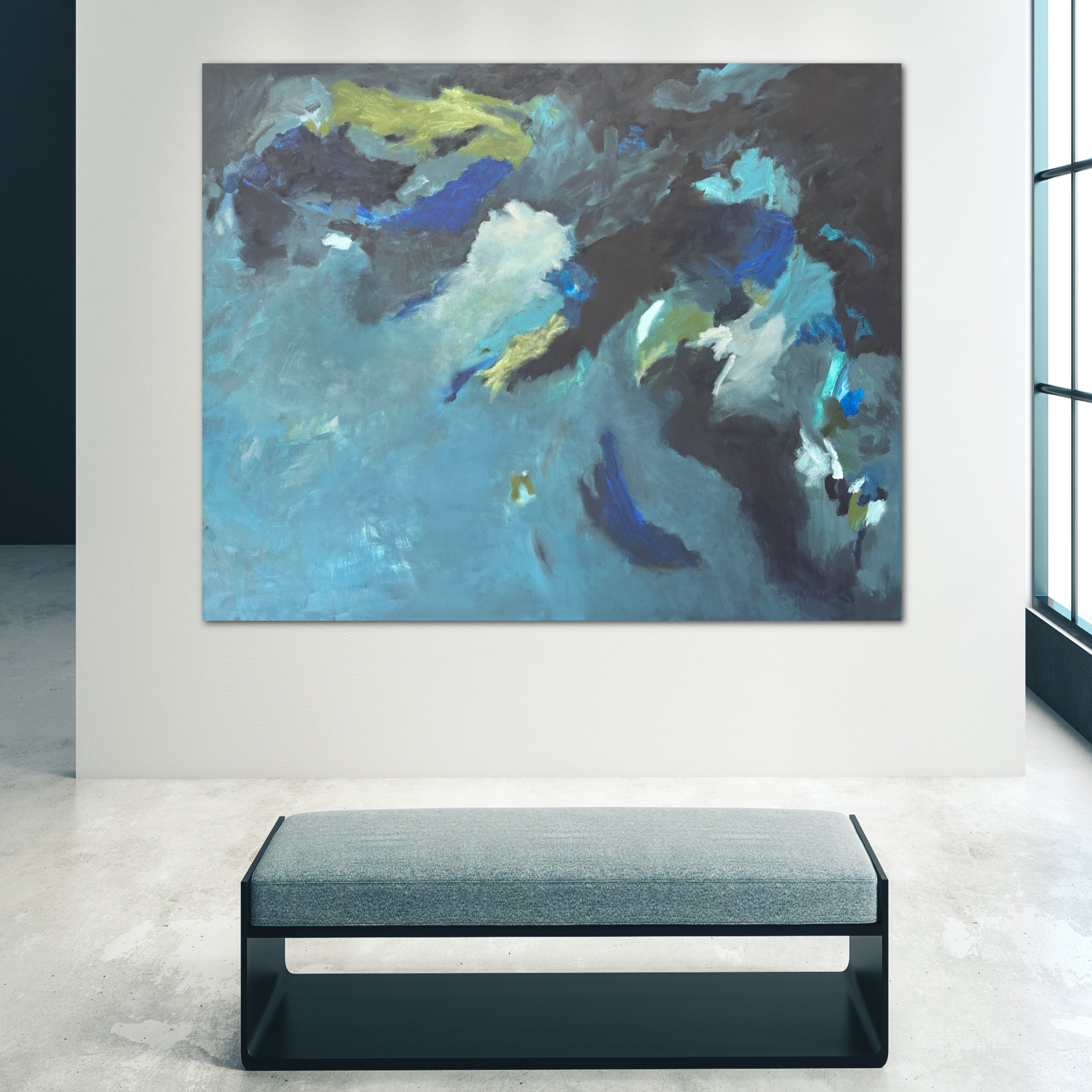 Expressive abstract painting "In The Blue" hanging on wall in modern art gallery or public space