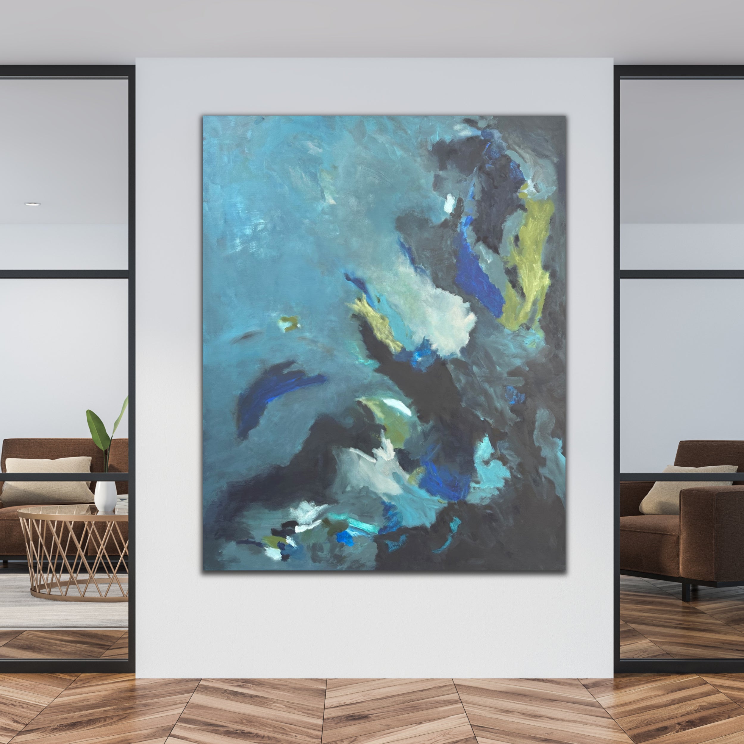 Contemporary abstract painting "In The Blue" hanging in a modern home interior