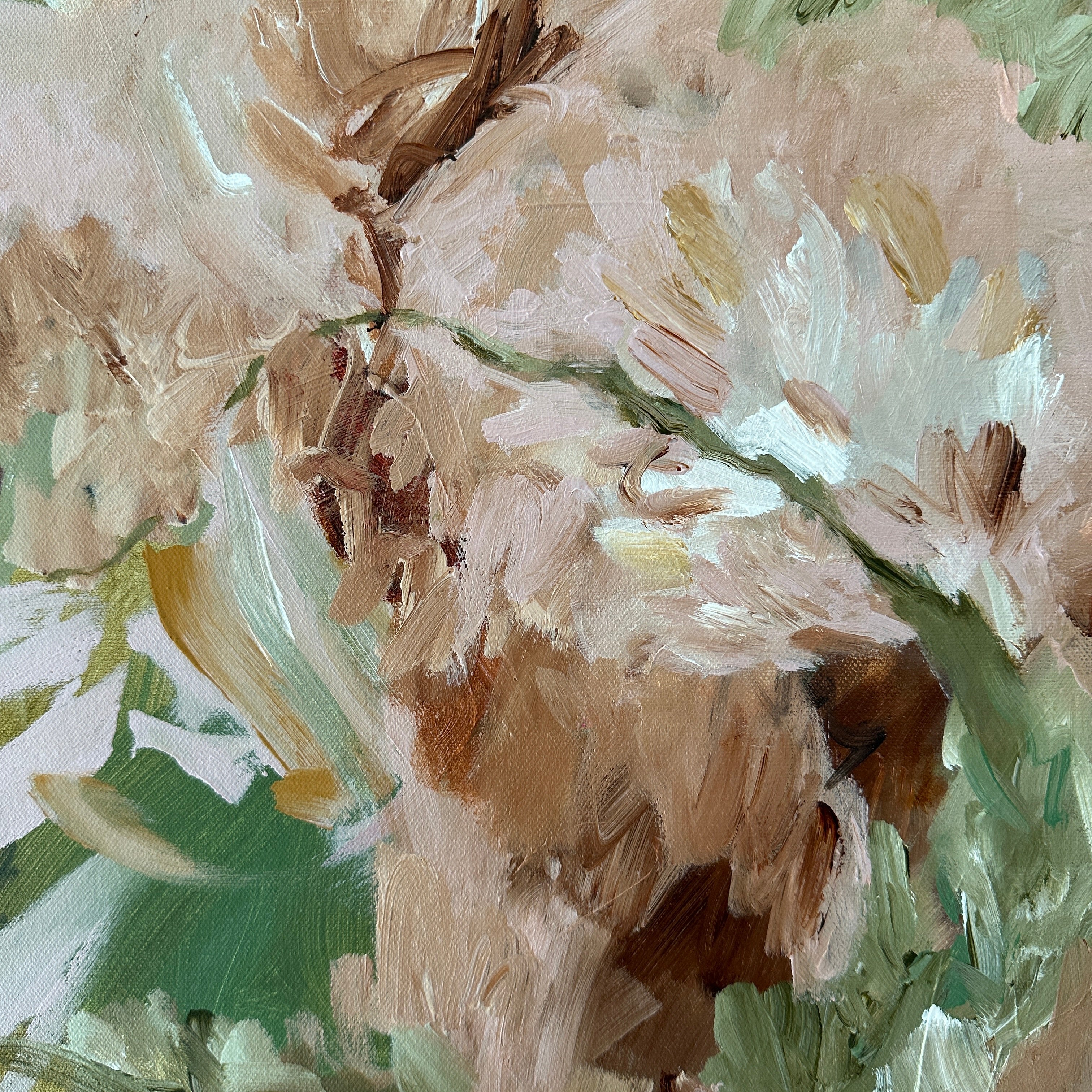 Close-up detail of expressive brushstrokes and mark-making of abstract painting in the colours of nature