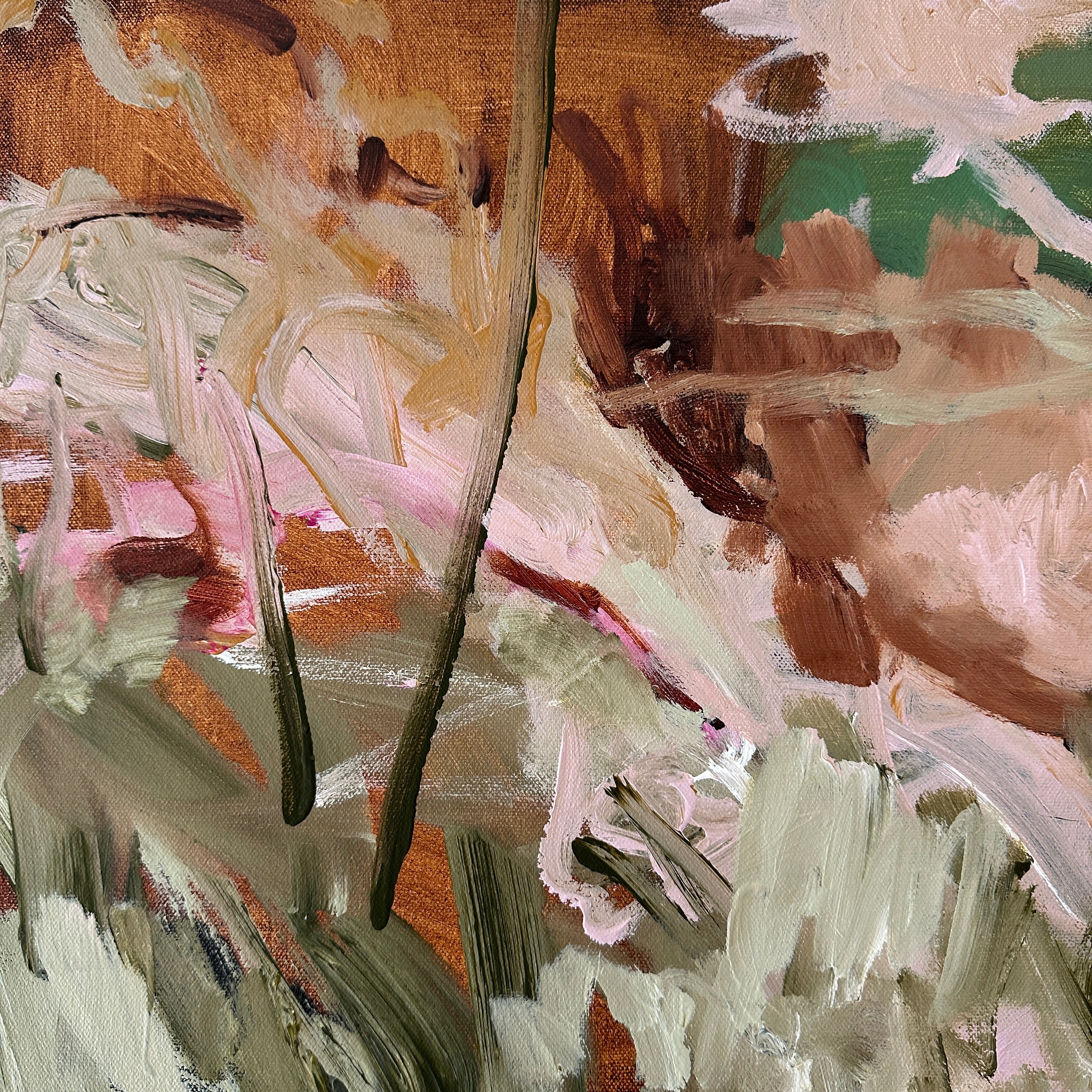 Close-up detail of contemporary abstract painting in expressive painting style in brown, green and pink