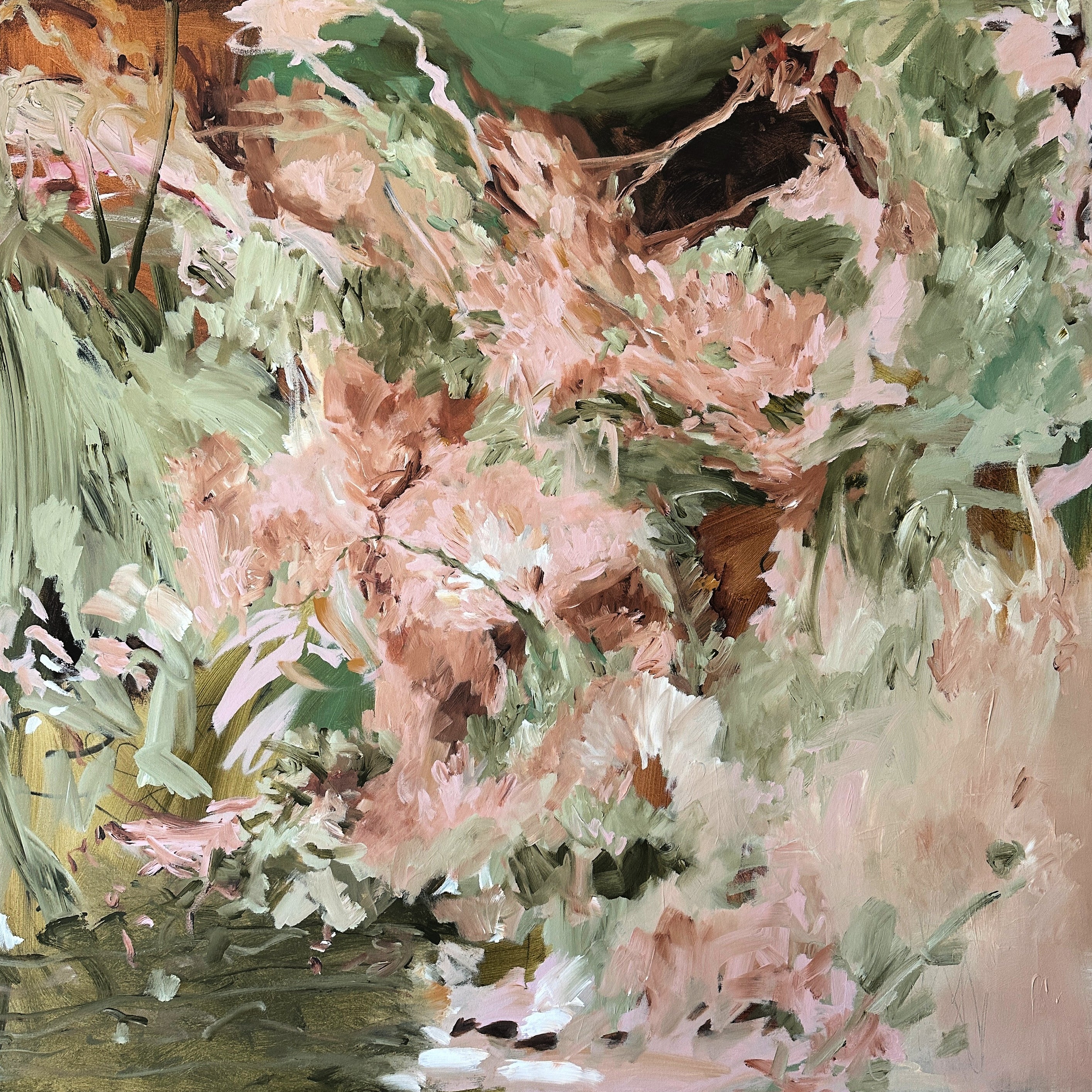 Expressive, abstract landscape painting in natural colours of brown, beige, green and white - cropped front view