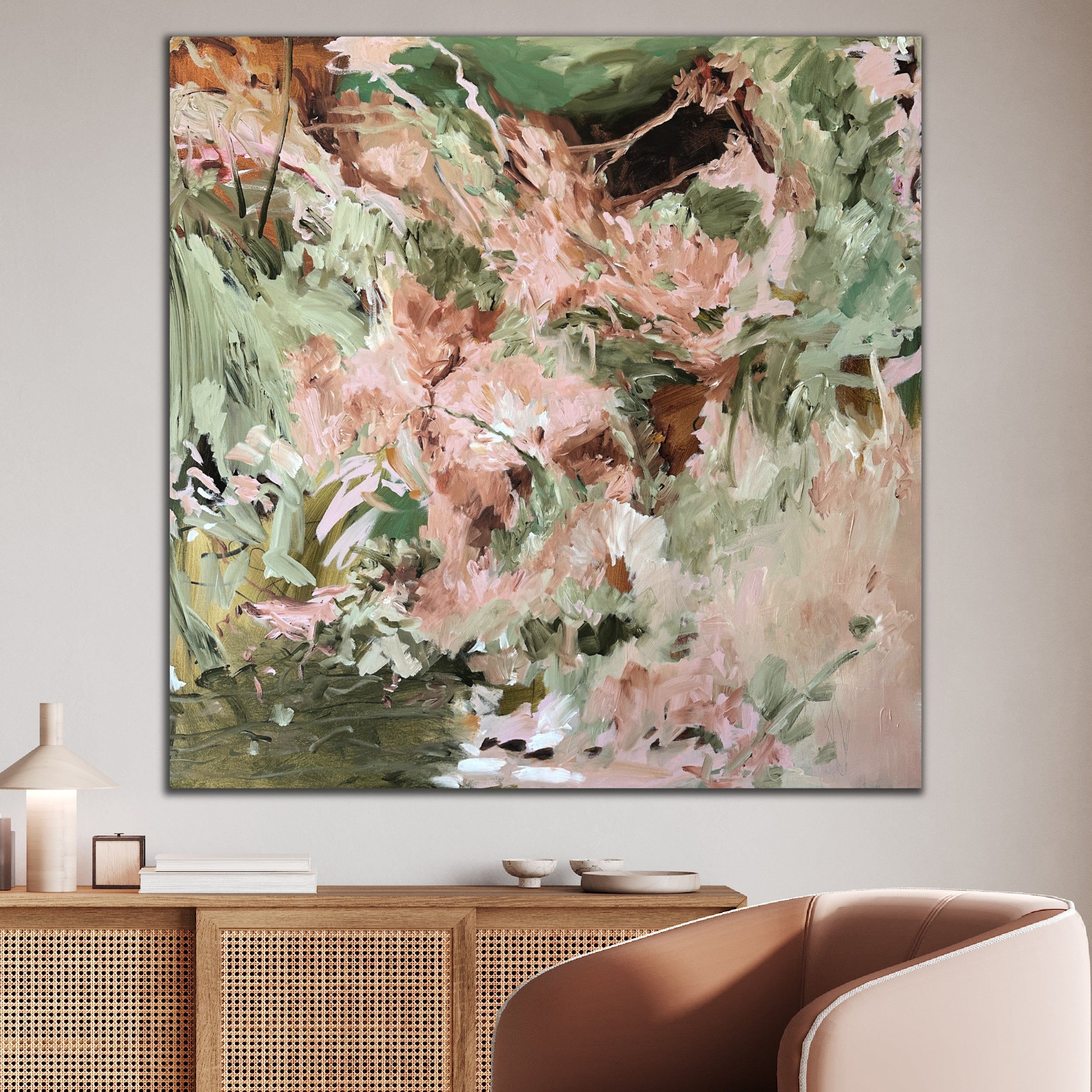 Abstract expressionist painting "Jungle Anthem" that feels energetic and wild, hanging on wall in modern home with neutral décor