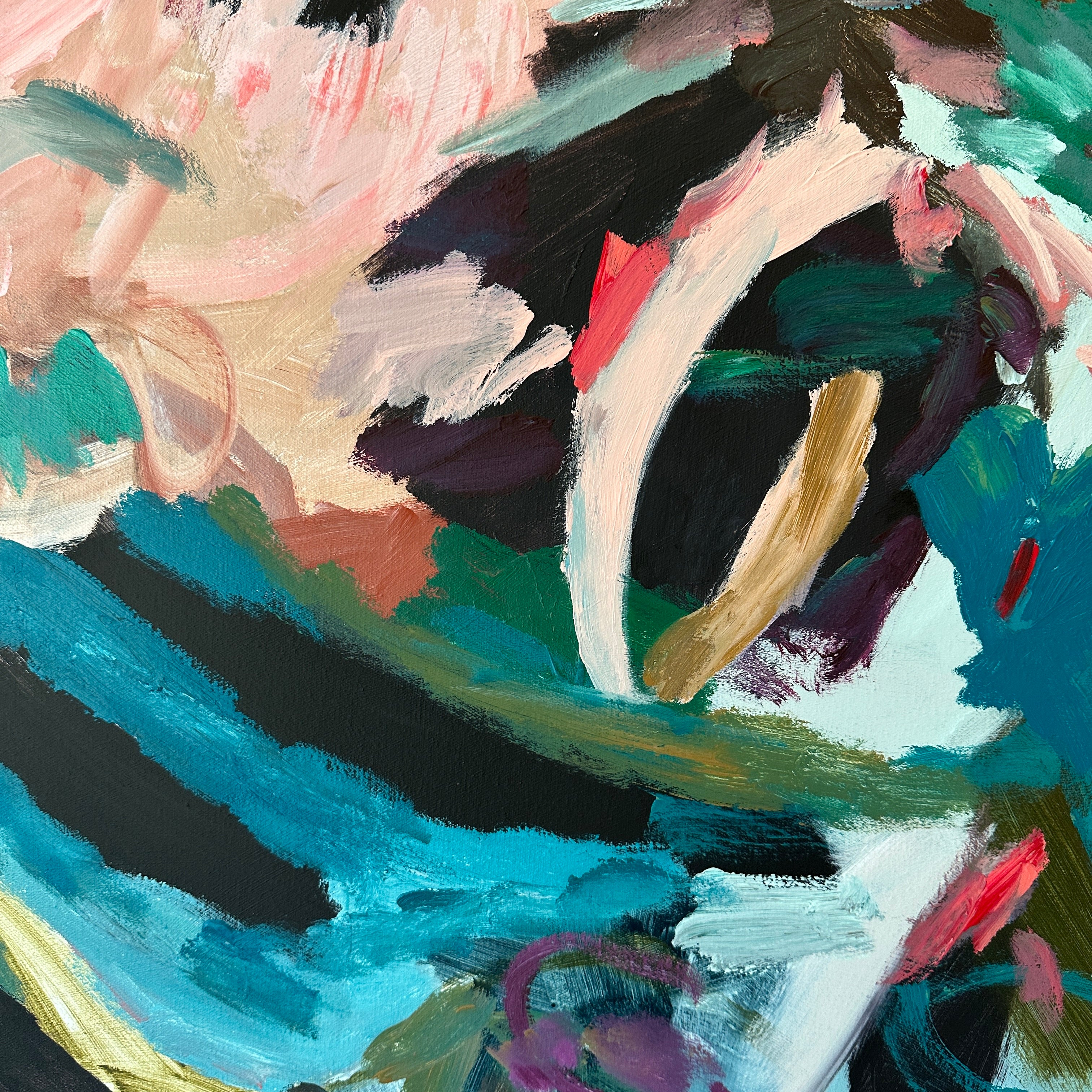 Close-up detail or swatch of expressive brushstrokes of colourful abstract painting in turquoise, blue, pink, black and green