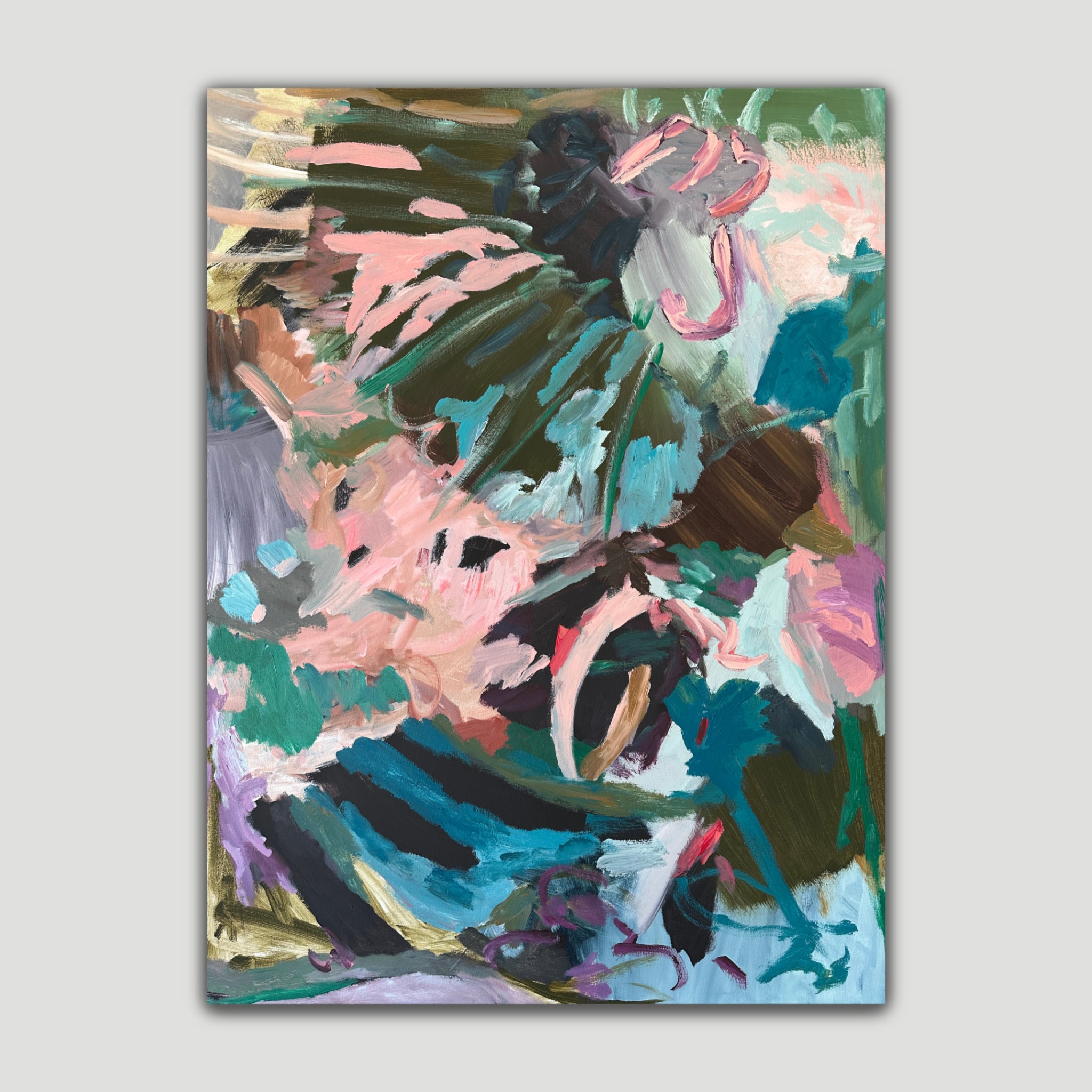 Gestural, abstract expressionist painting "Jungle Tapestry" in multicolour that alludes to a jungle or garden - front view