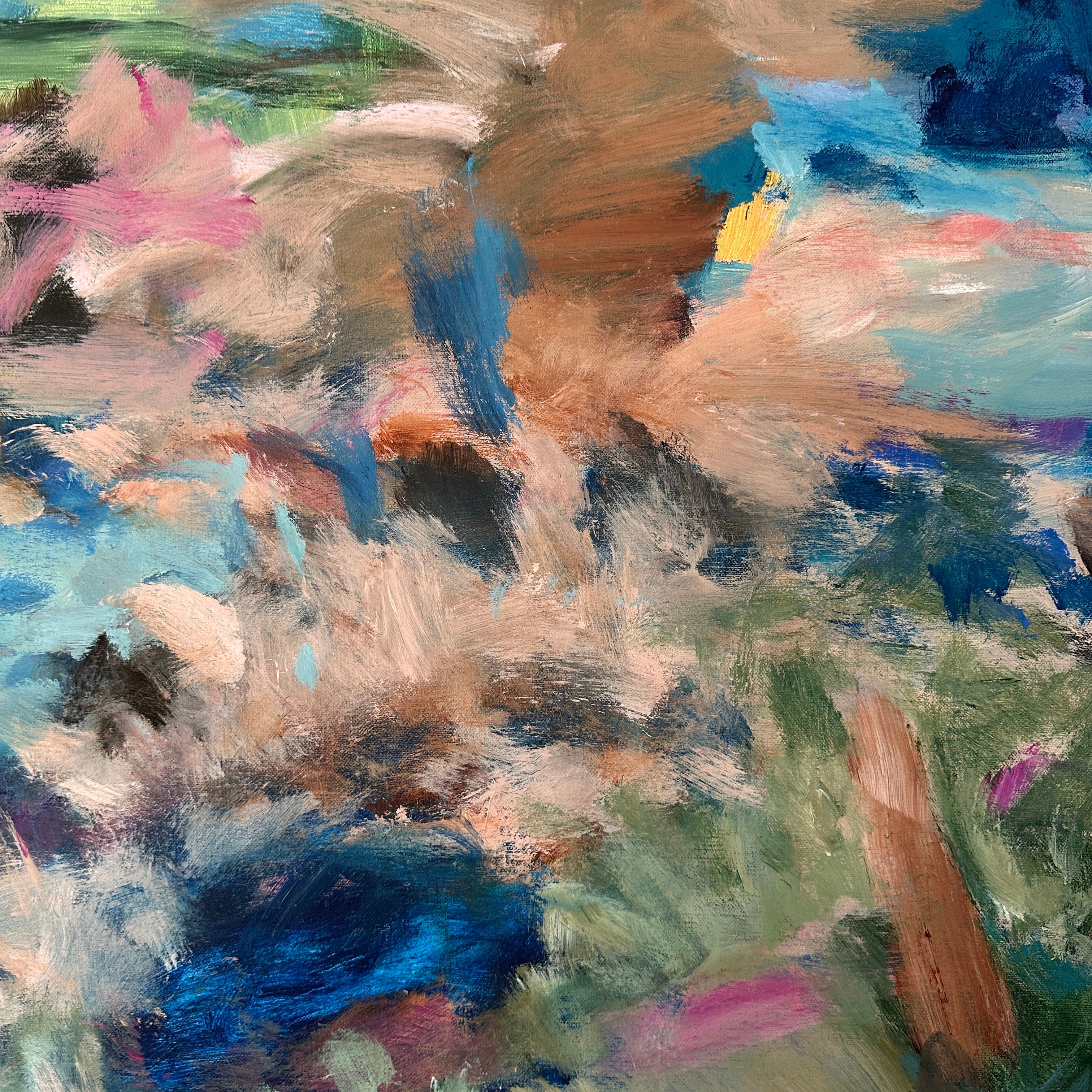 Close-up detail of La La Land abstract art showing textured layers of blue, pink, green and earthy tones with gestural paintwork – detail 1