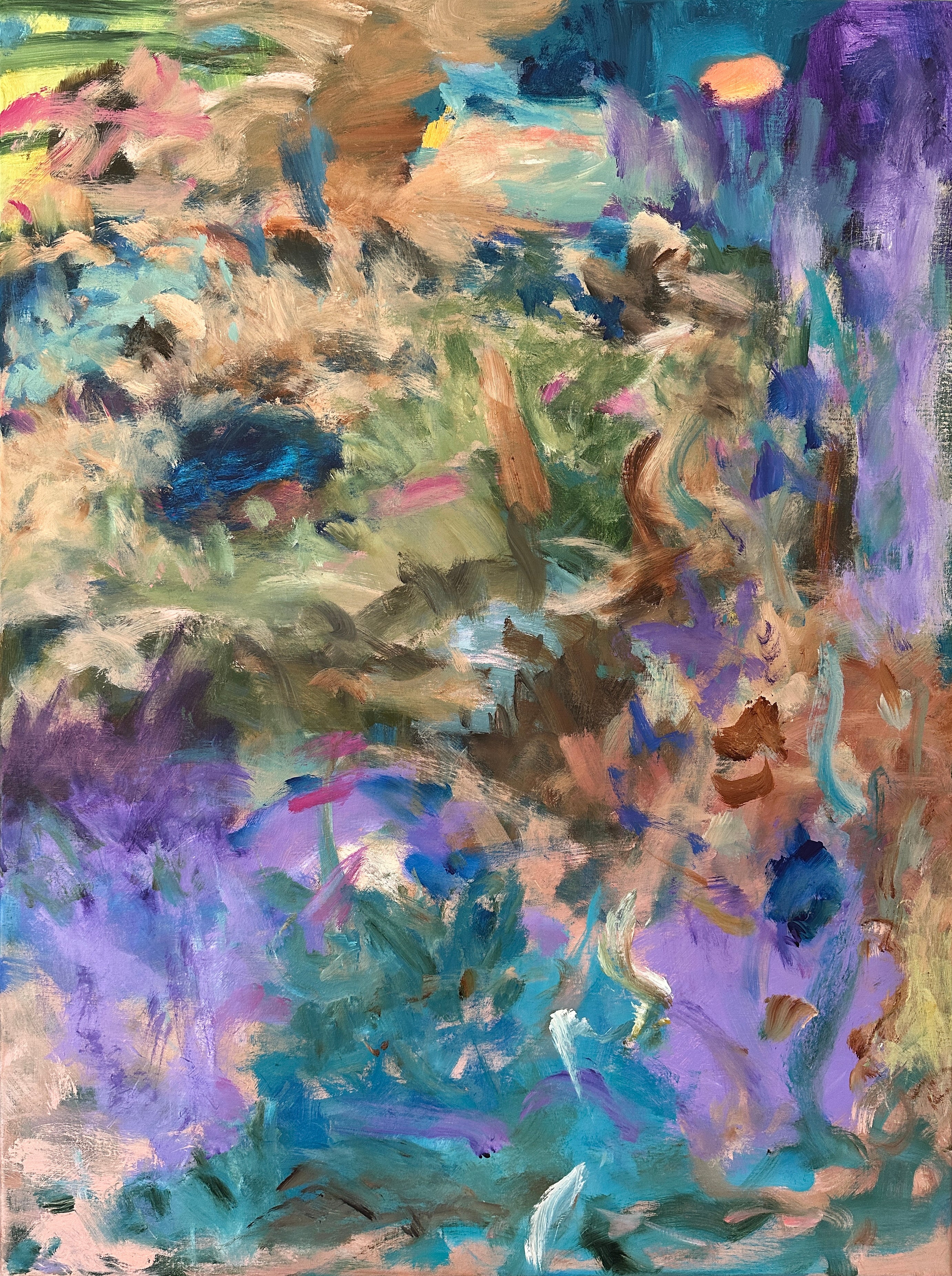 Contemporary abstract painting La La Land with flowing gestural brushstrokes and dreamy colour transitions in purple, blue, green and brown – cropped front view