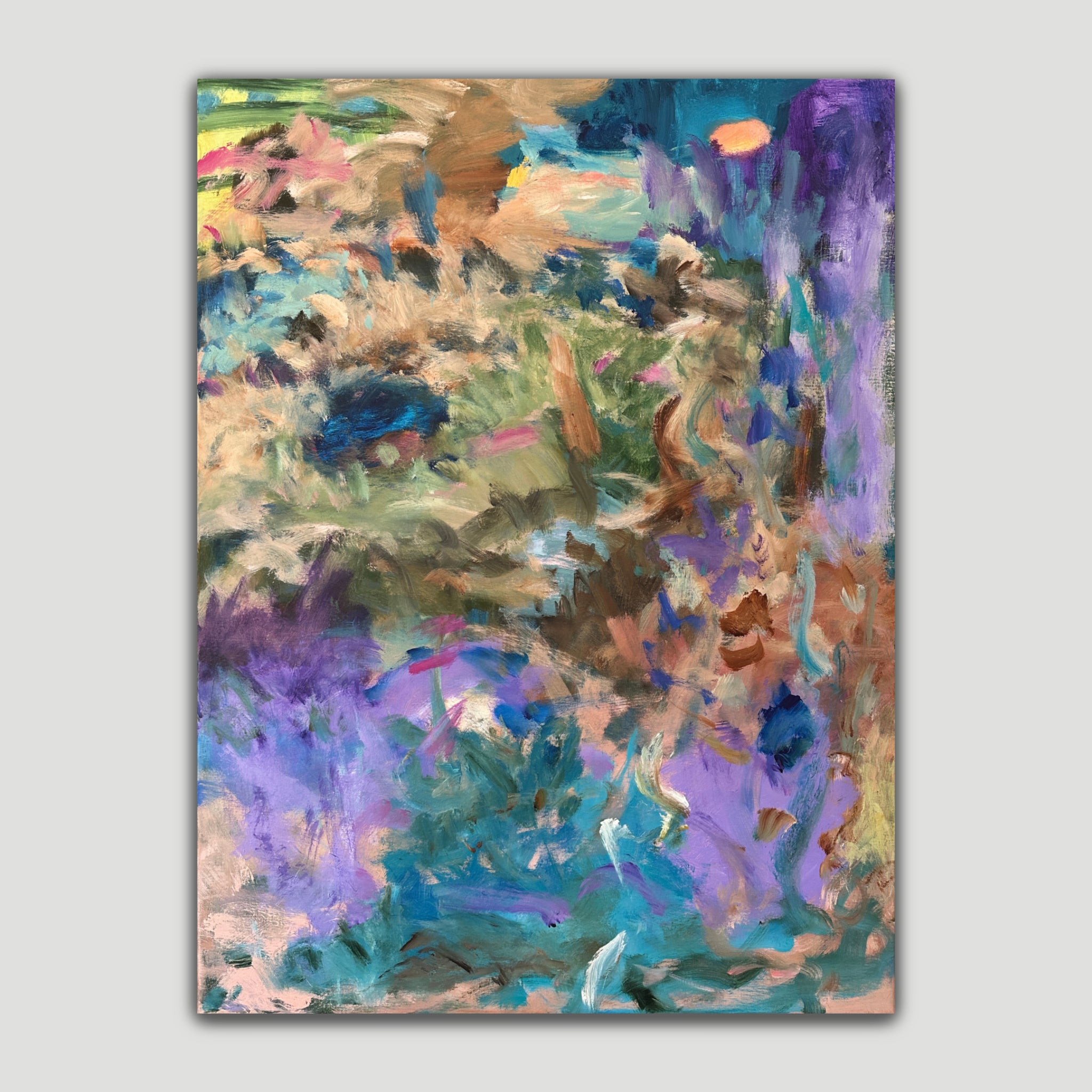 La La Land abstract painting in lilac purple, blue, green and earthy tones with expressive brushstrokes and layered movement.