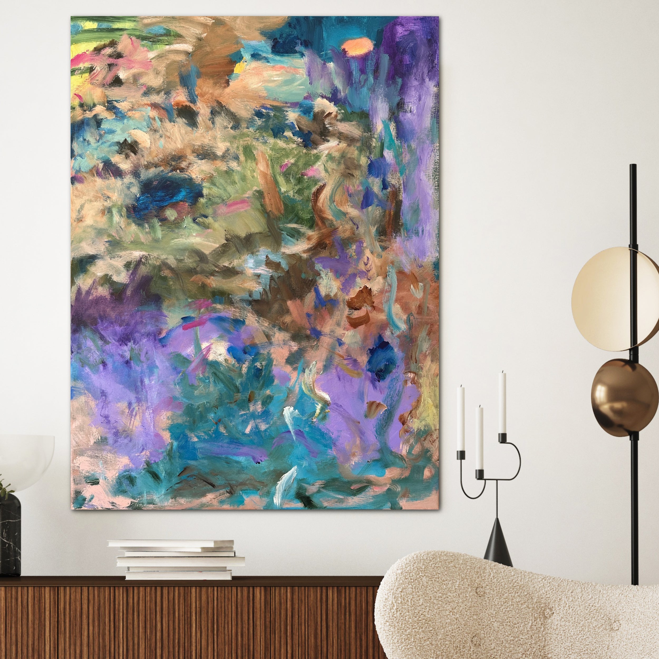 La La Land abstract painting displayed in modern living room, adding vibrant colours including purple and blue to the interior.