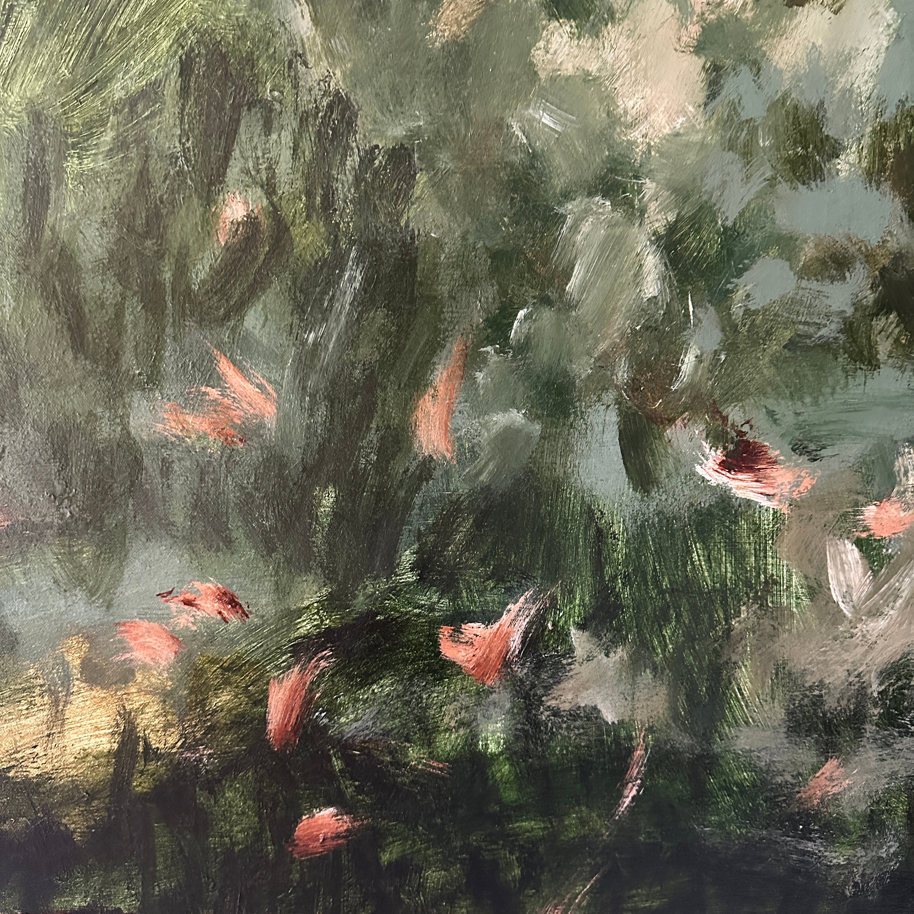 Close-up detail of abstract expressionist painting with green tones