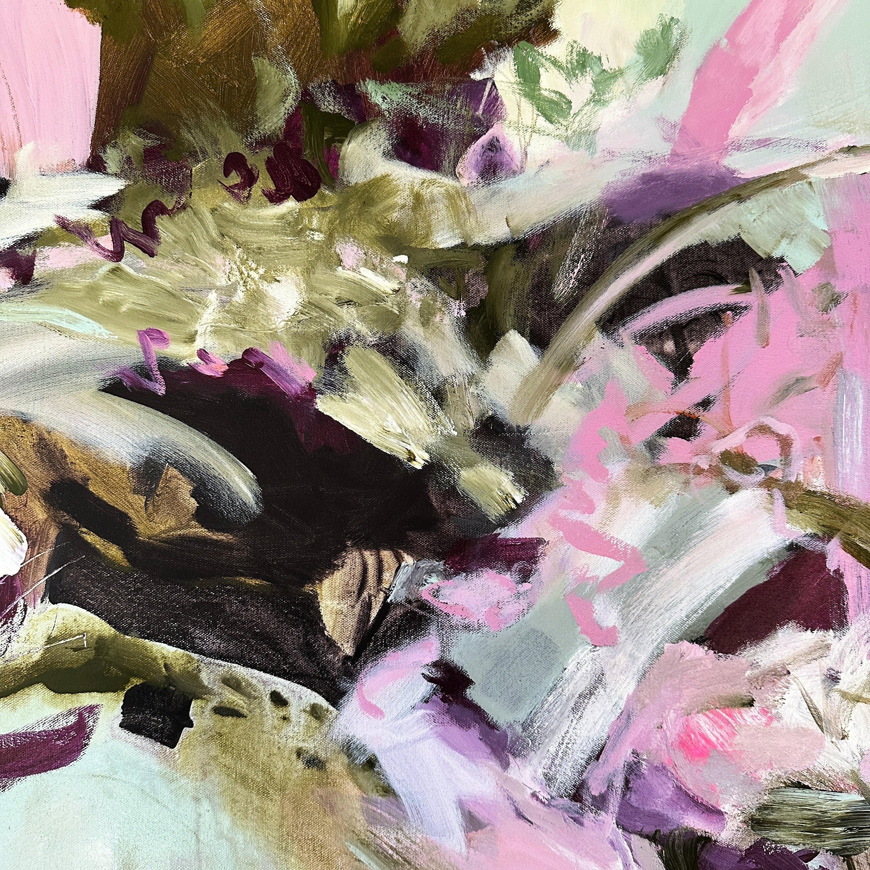 Close-up detail or swatch of abstract painting in abstract expressionist style on canvas