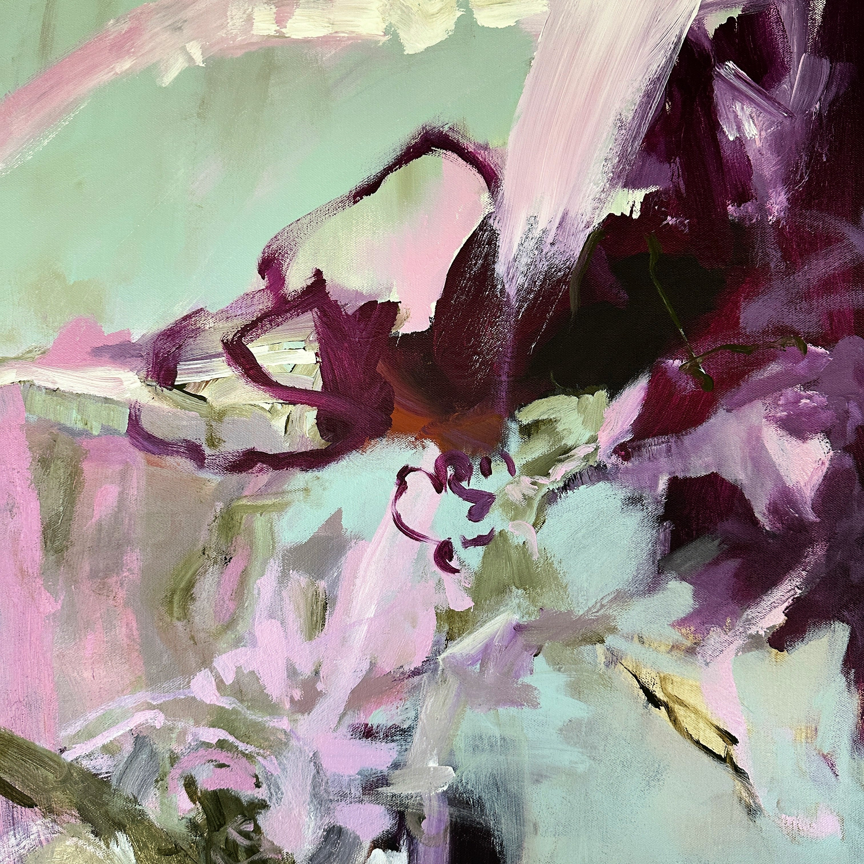Close-up detail or swatch of abstract painting on canvas in light blue, pink, grape and olive green