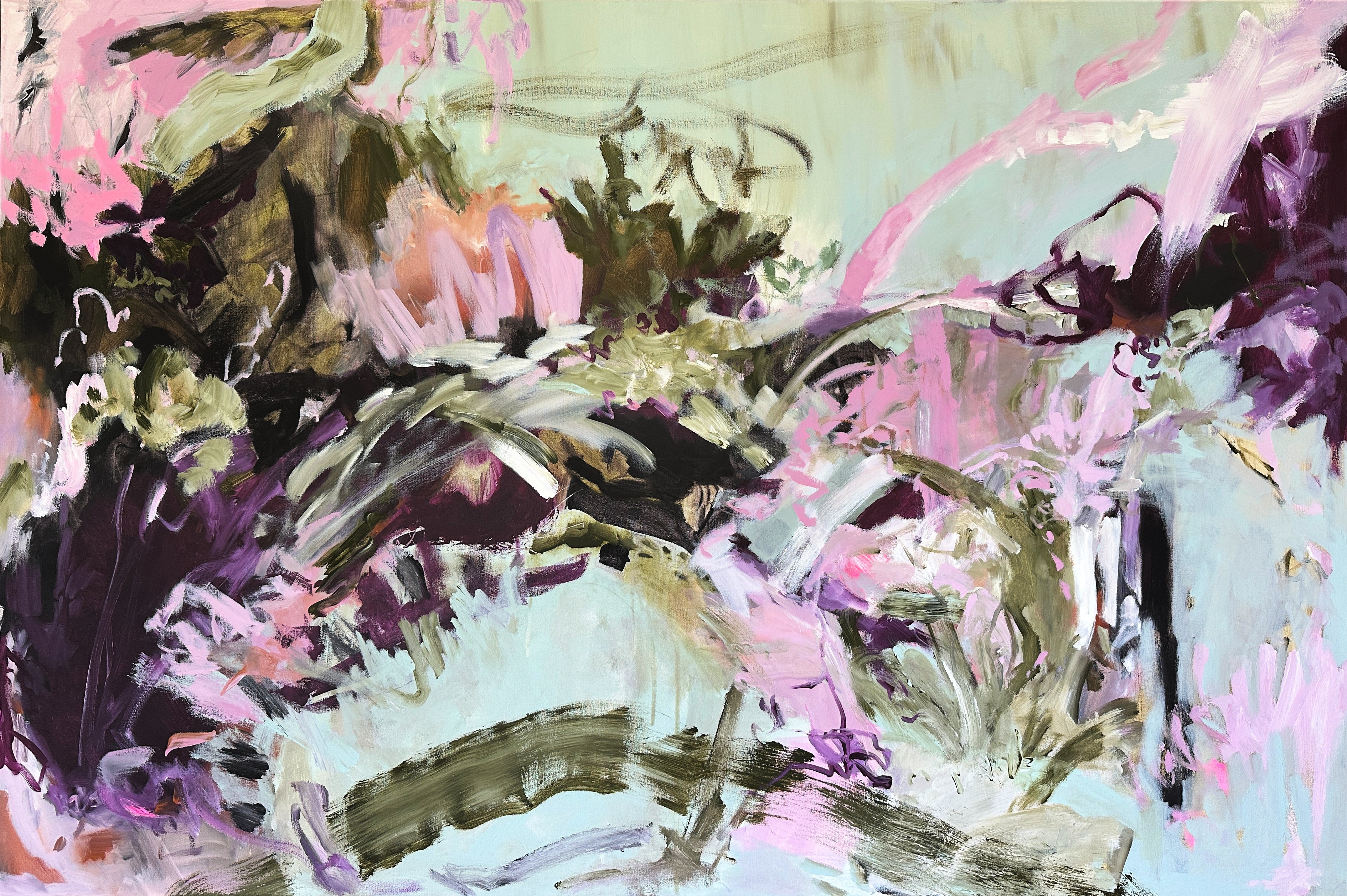 Abstract expressionist painting inspired by love evoking emotion through its energetic composition and gestural brushstrokes - cropped front view