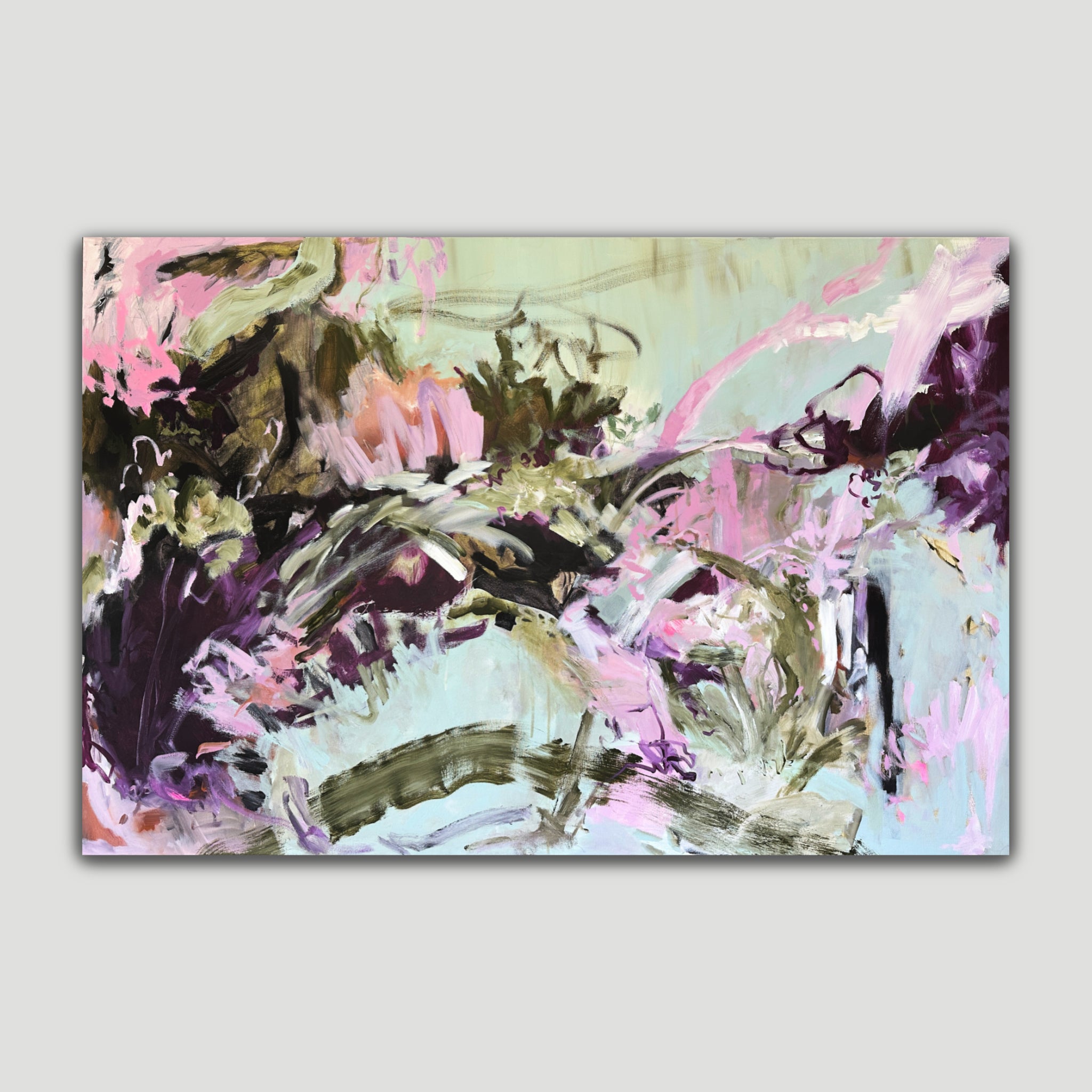 Large abstract painting inspired by crazy, mad love in light blue, pink, olive green and purple - front view