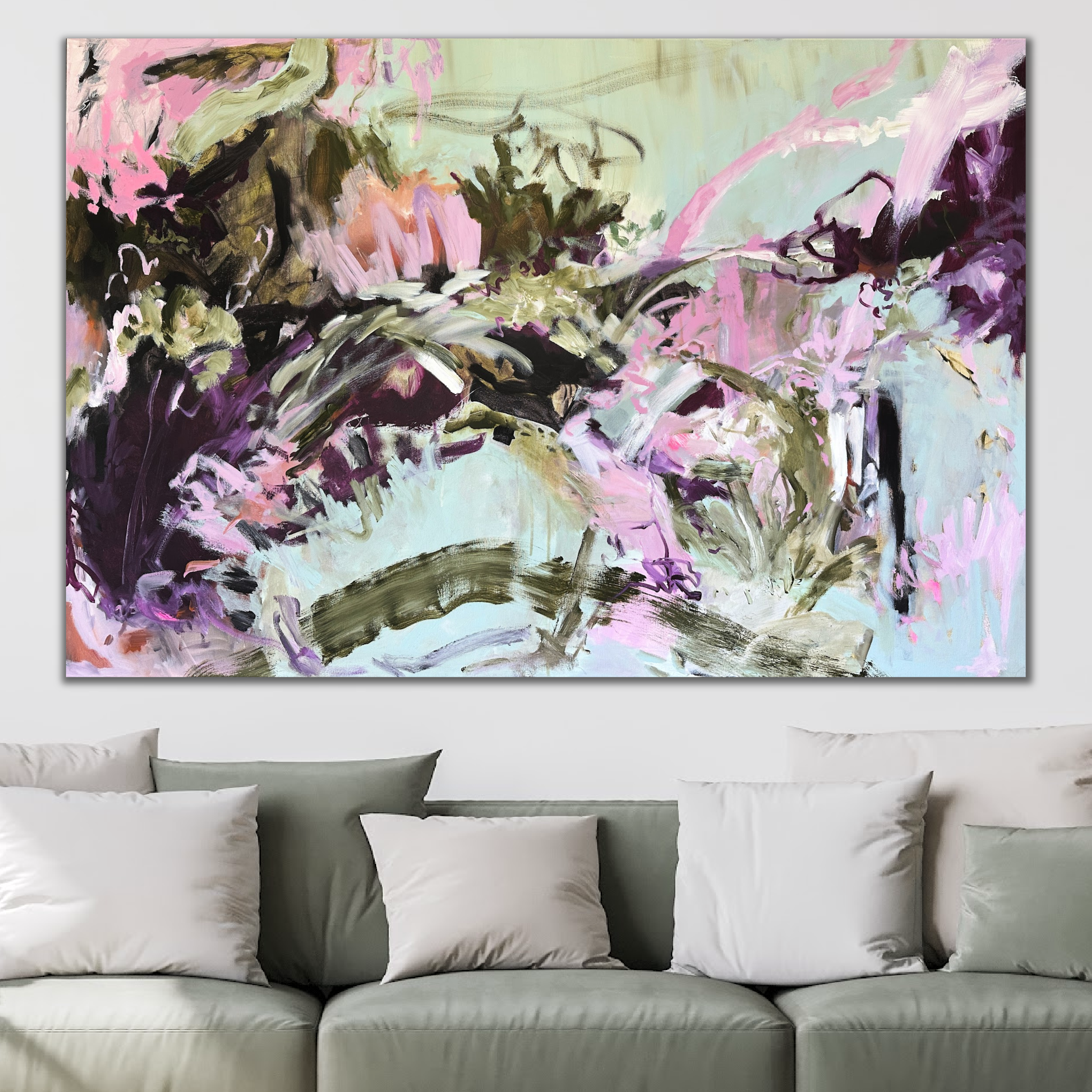 Oversize abstract wall art "Mad Love" hanging above lounge in contemporary living room