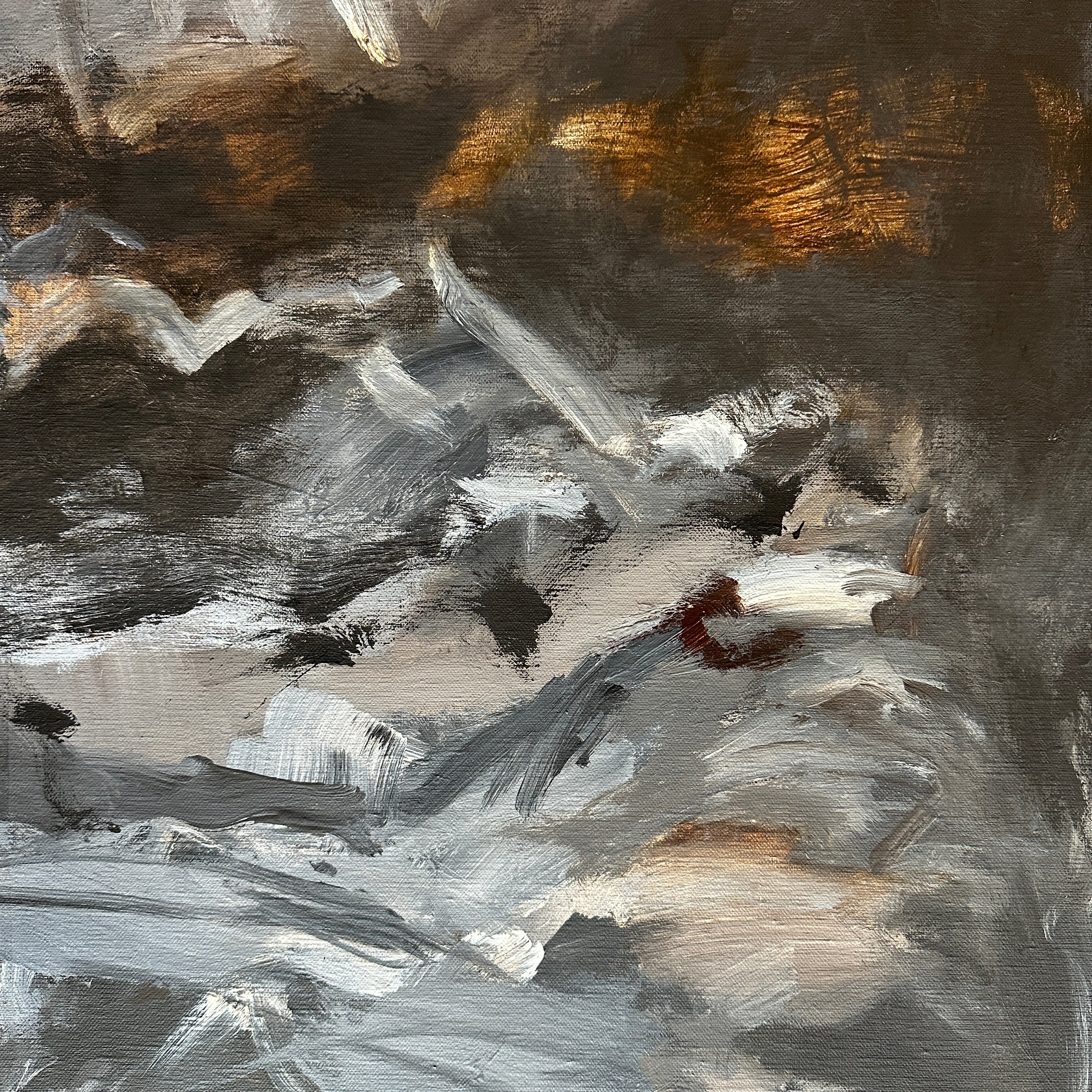 Close-up detail of mysterious, abstract landscape painting with gestural brushstrokes in black, grey and brown