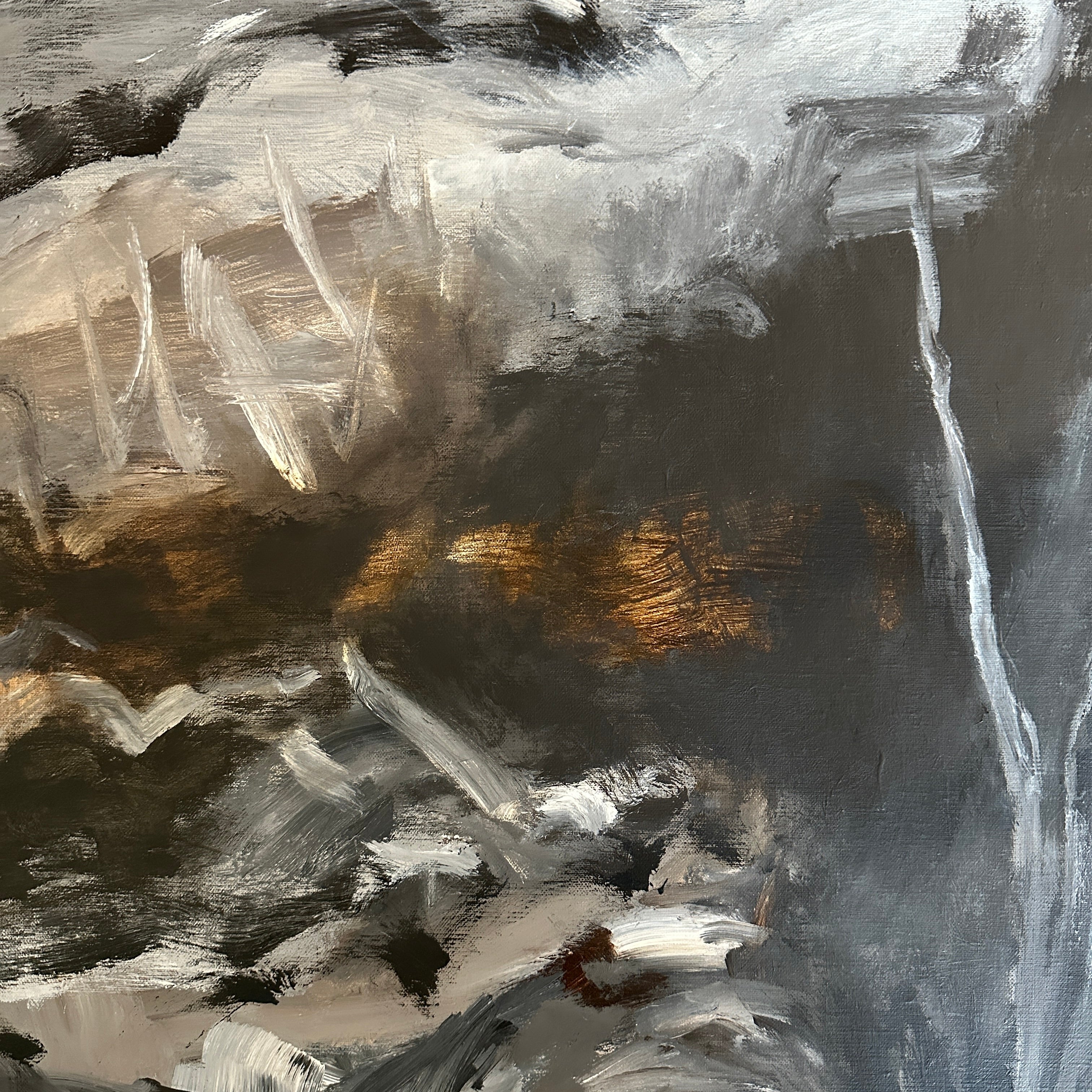 Close-up detail of expressive abstract painting alluding to a dark natural landscape
