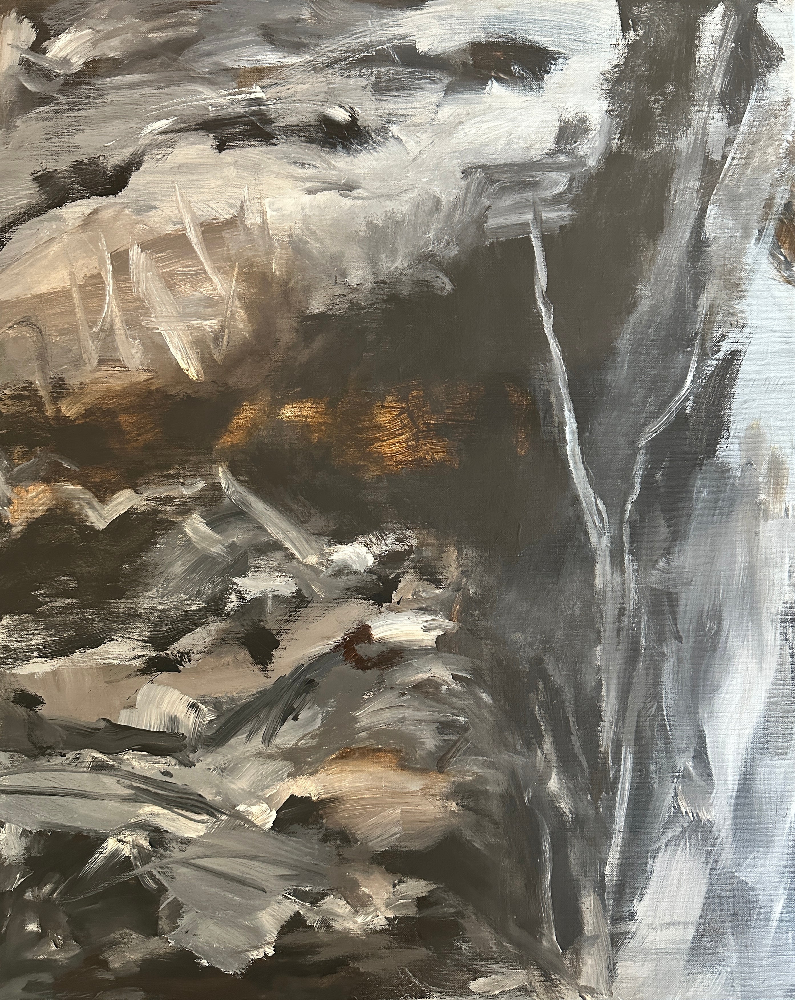 Contemporary abstract painting in black, grey and brown – cropped front view