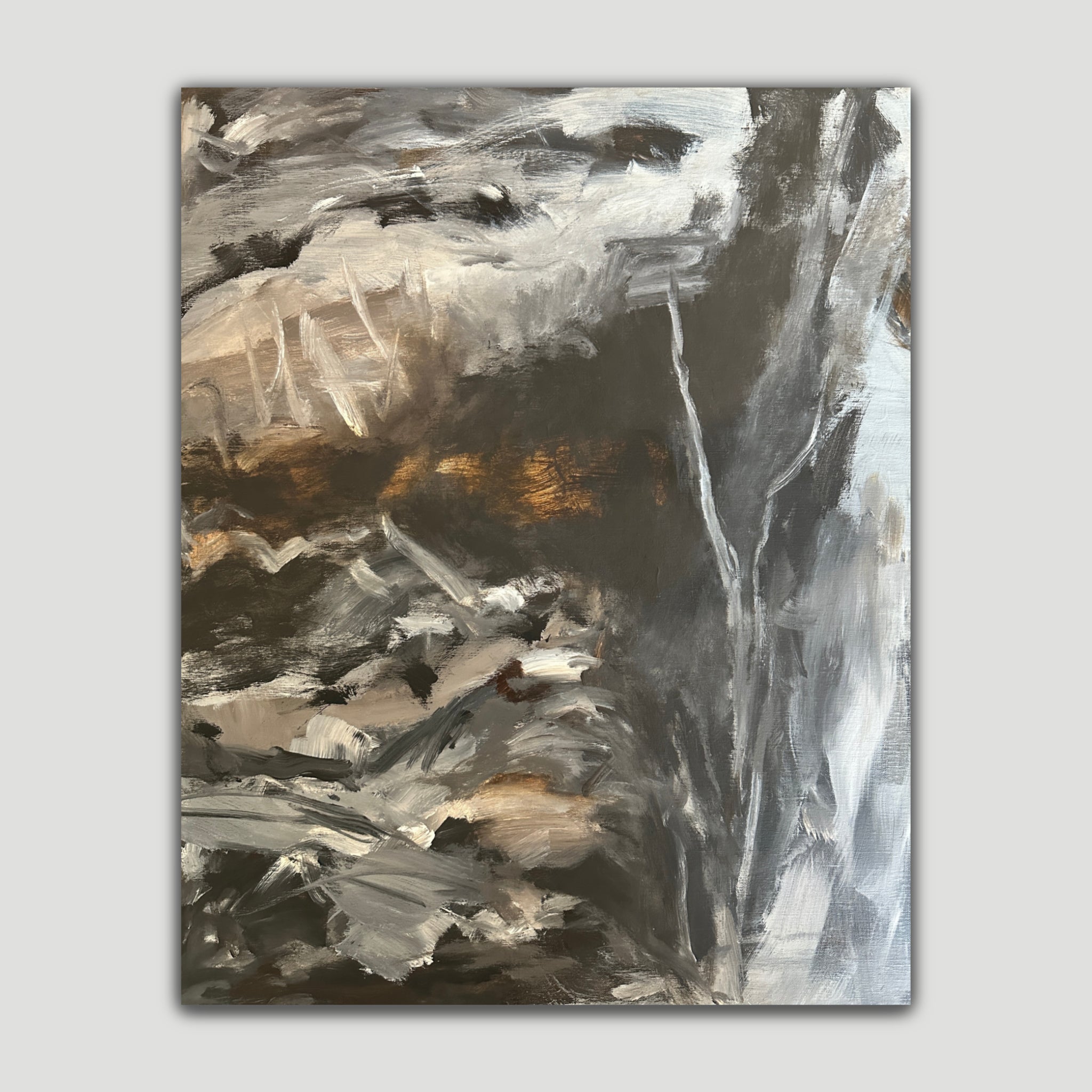 Moody abstract expressionist painting in grey, black, brown and white - front
