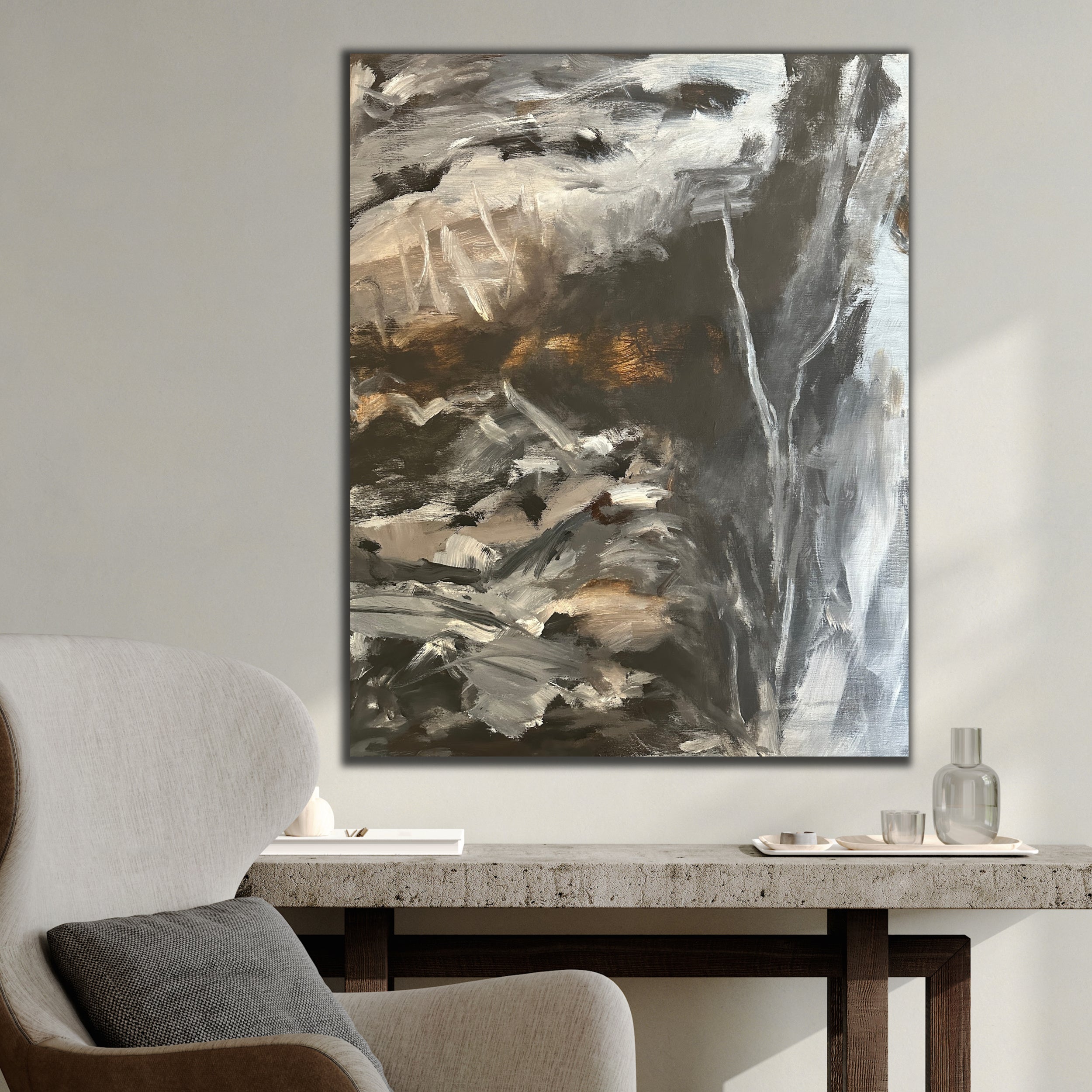 Modern abstract landscape with moody feel hanging on an interior wall in a modern home