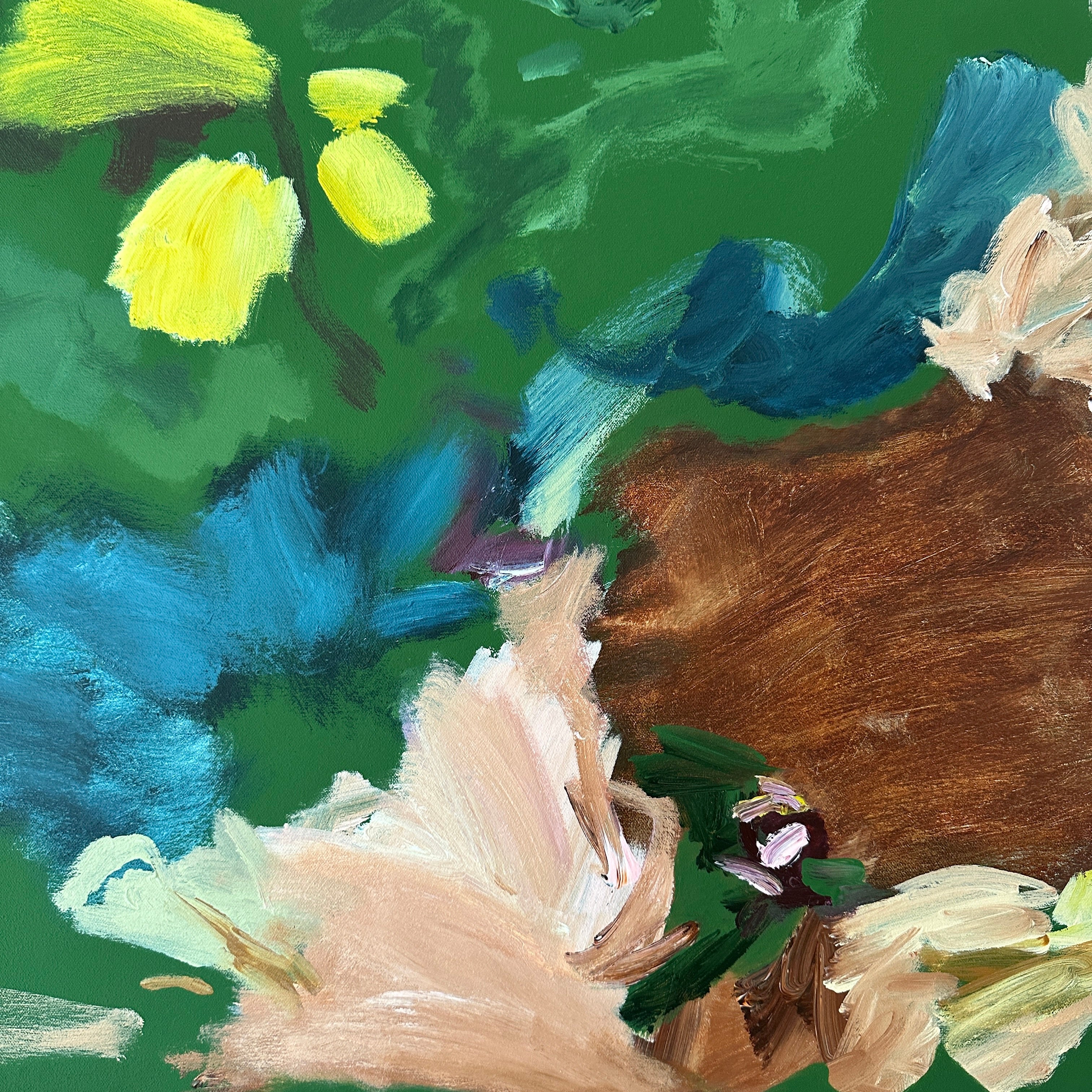 Close-up detail of abstract expressionist painting inspired by a garden with flowers