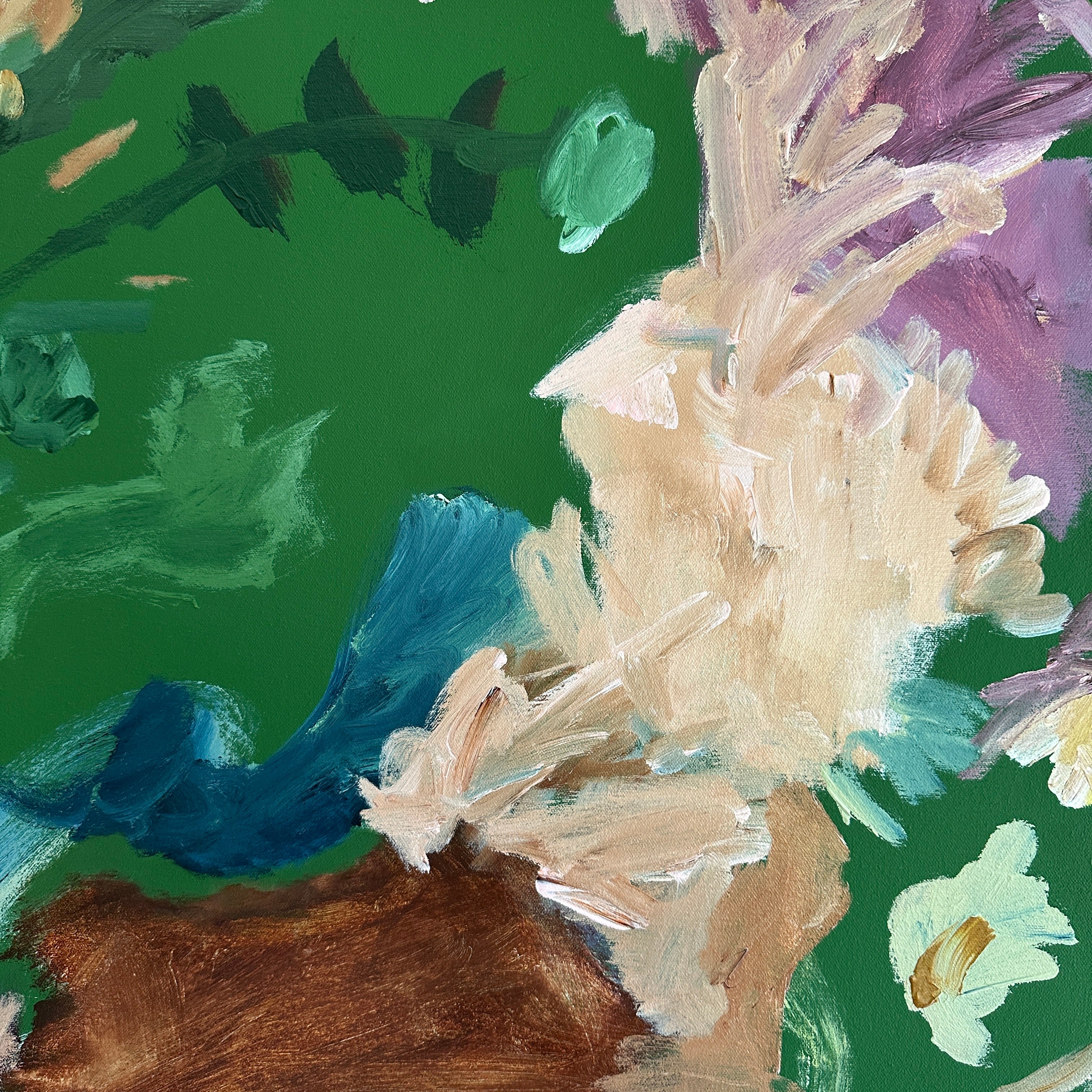 Close-up detail of gestural abstract botanical landscape painting with green background and multi-colour accents