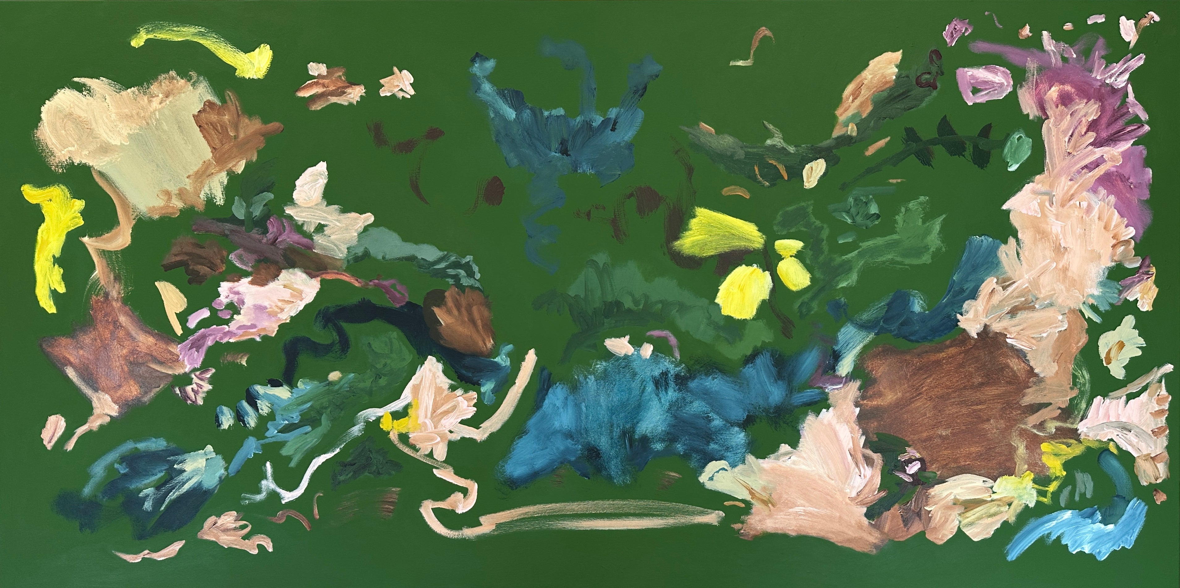 Expressive abstract painting alluding to a garden with bold, gestural strokes in earthy tones and vibrant colours over a rich green background - cropped front view
