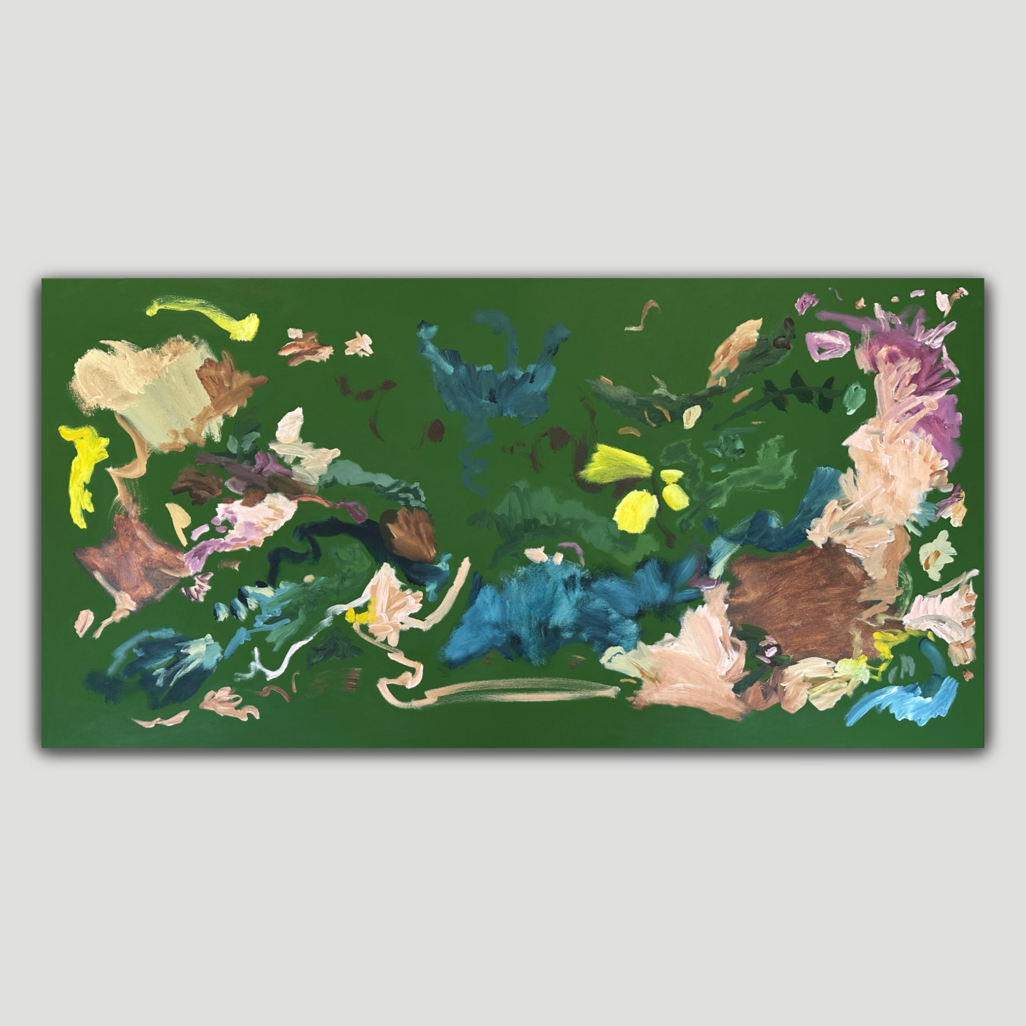 Large abstract painting in dark green with expressive colourful brushwork and motifs alluding to flowers, leaves and botanical elements - front view
