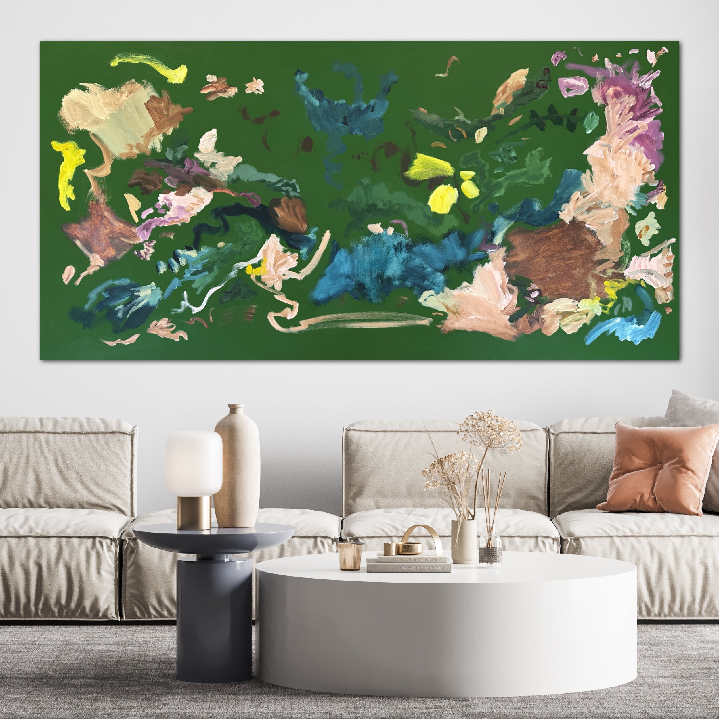 Large abstract expressionist painting "More Than A Dream" hanging on wall in designer living room