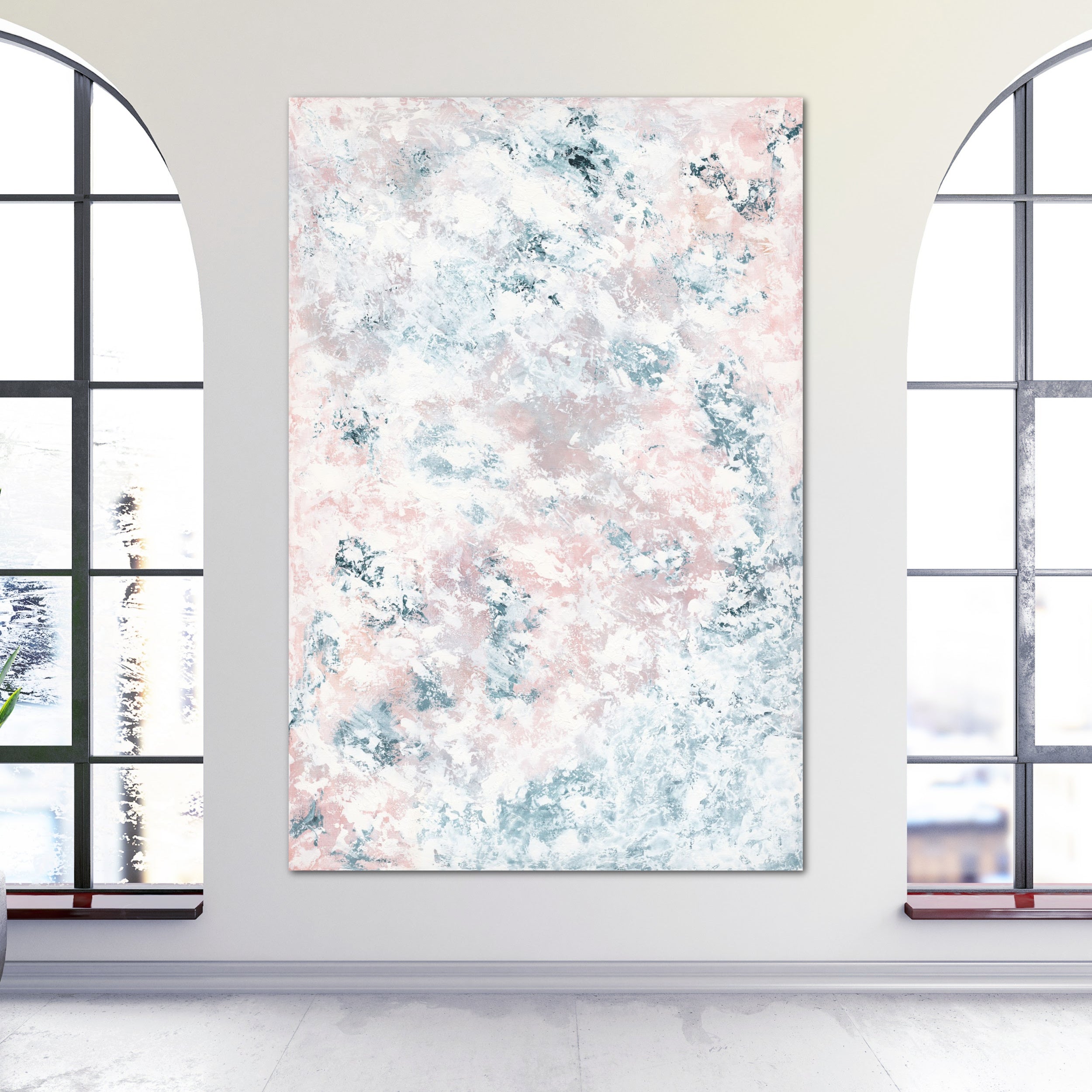 Soothing abstract painting in soft blue, pink and white displayed in a neutral interior space - home interior