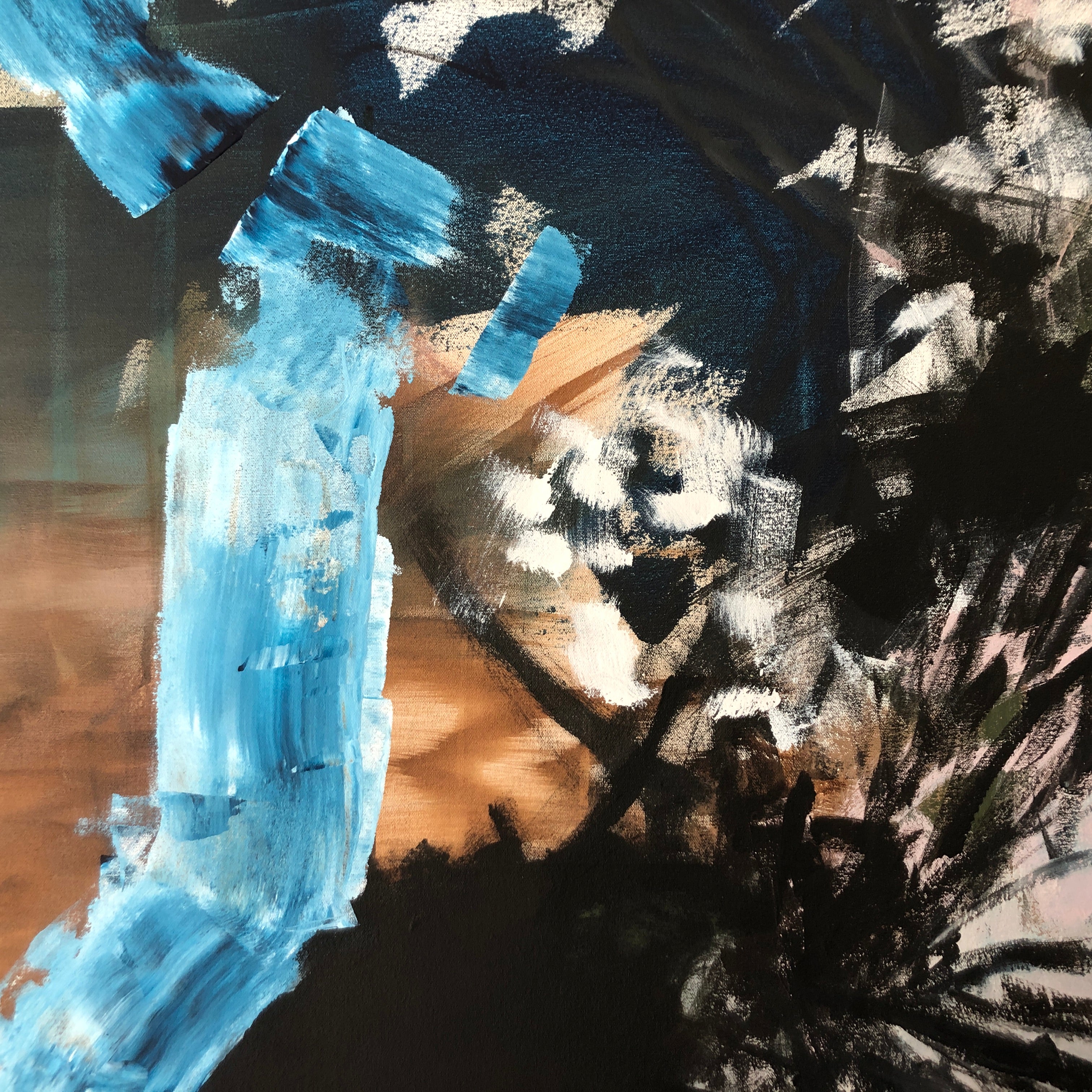 Close-up detail of modern abstract painting on canvas showing bold, gestural brushstrokes and mark-making