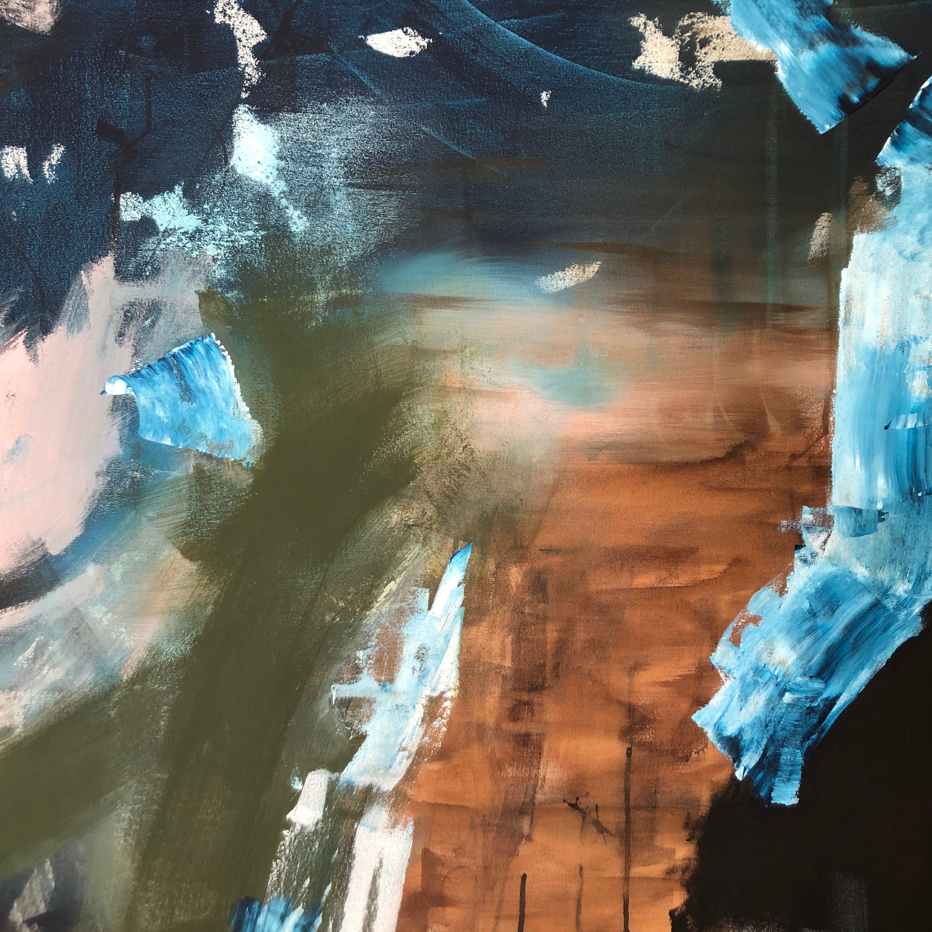 Close-up detail of contemporary abstract painting showing wild, expressive brushstrokes and mark-making in black, blue, brown and olive green
