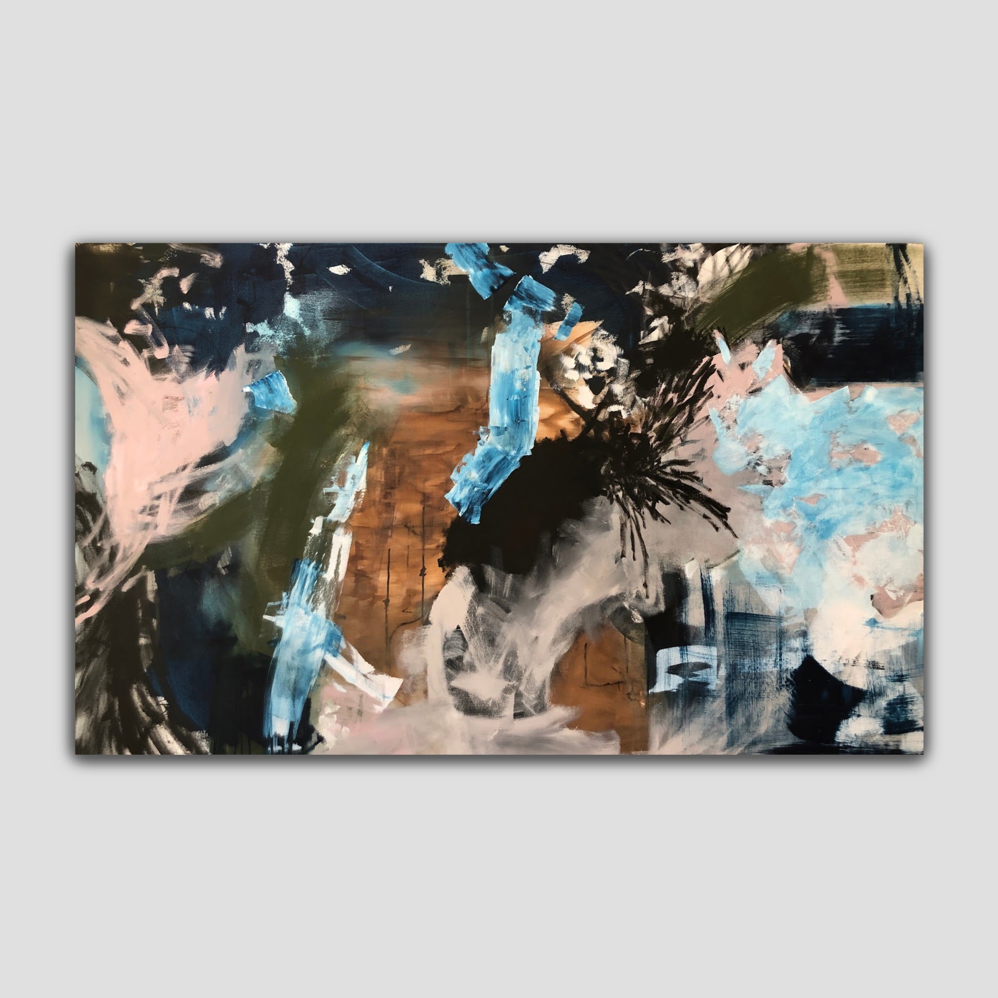 Expressive, large abstract painting "Precious Rebellion' on canvas in black, blue, olive green, pink, white and grey – front view