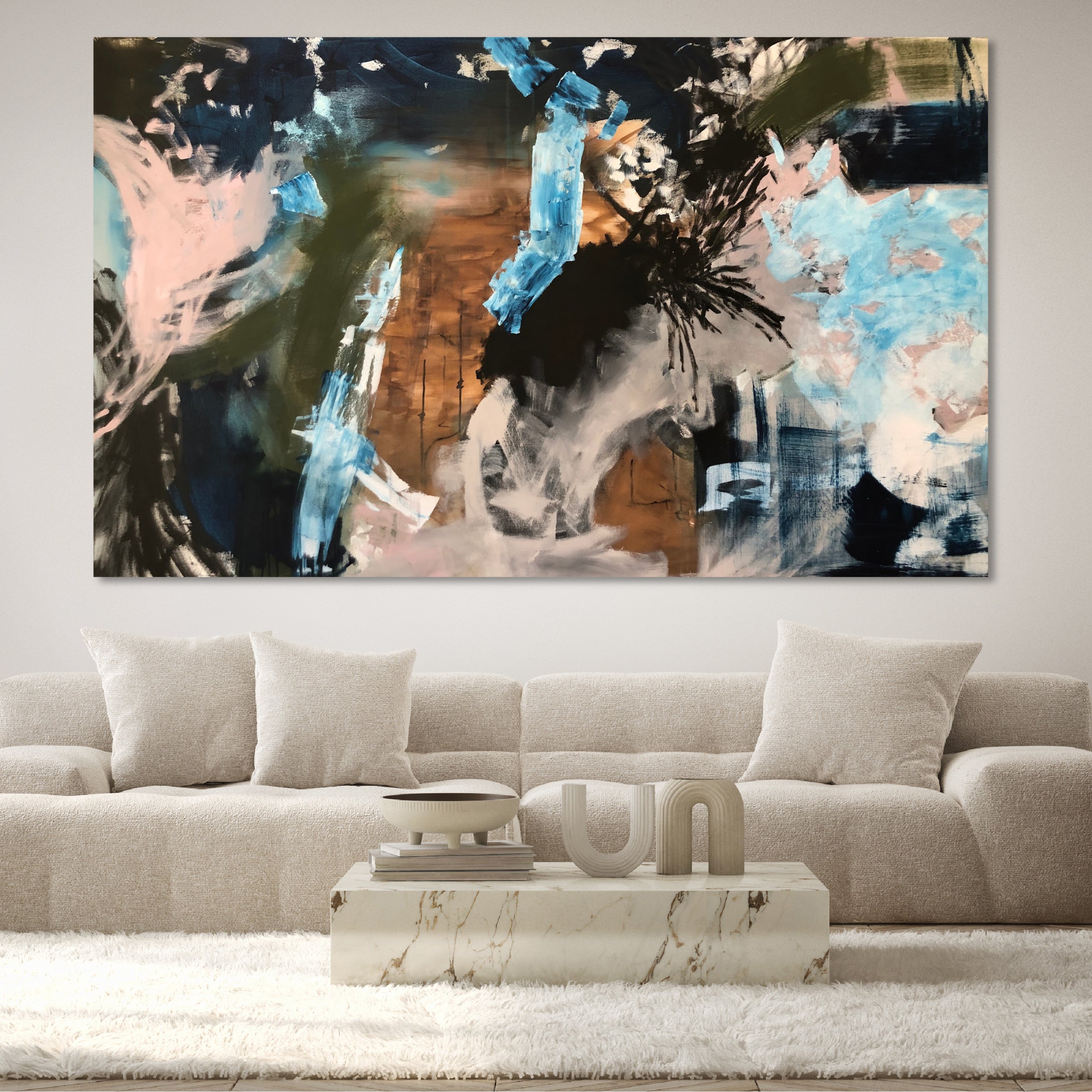 Bold, oversized abstract painting "Precious Rebellion' with expressive style hanging on wall in minimal, modern living room