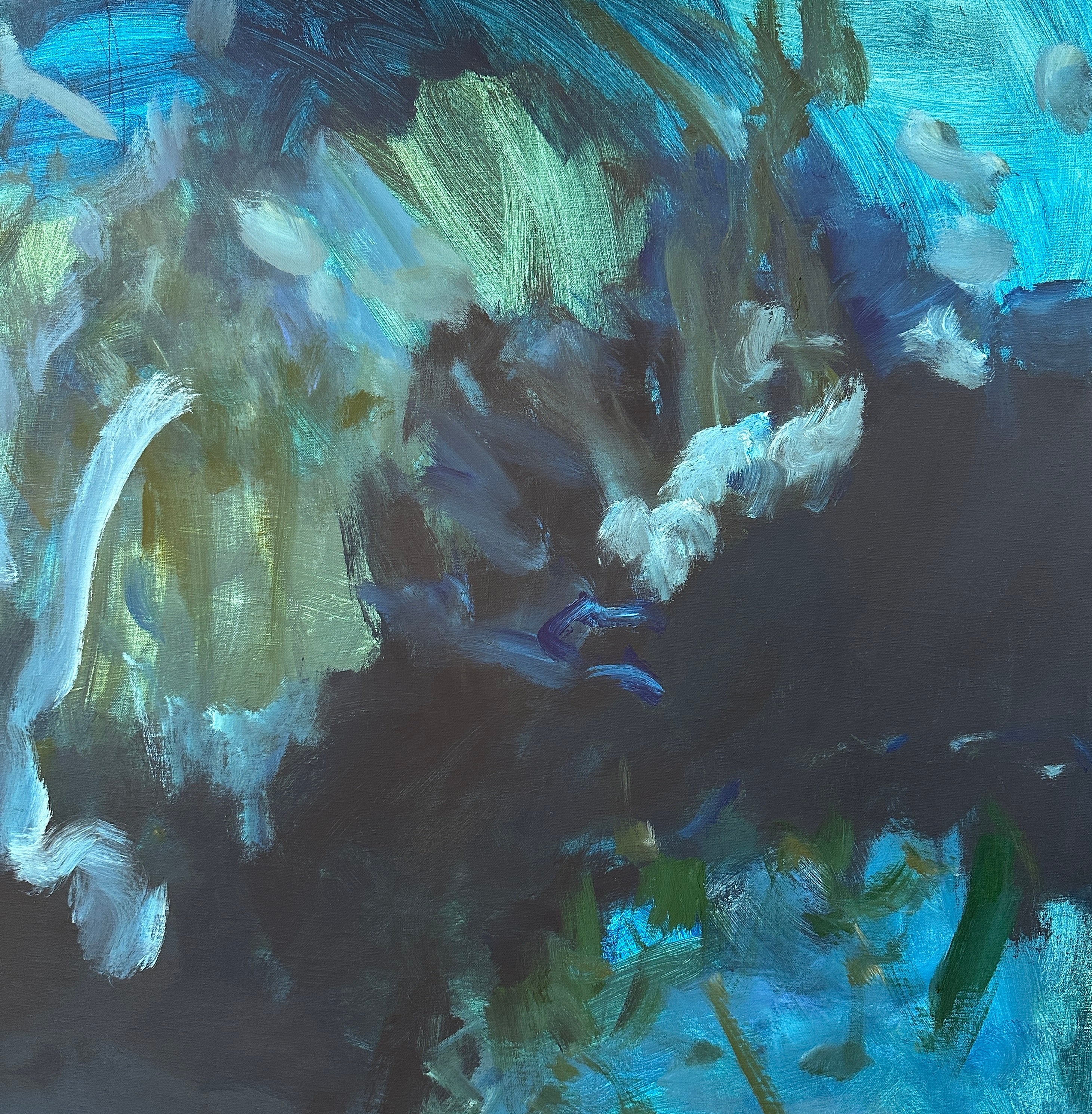 Close-up detail of abstract expressionist painting with energetic brushstrokes in dark blue, light blue and green