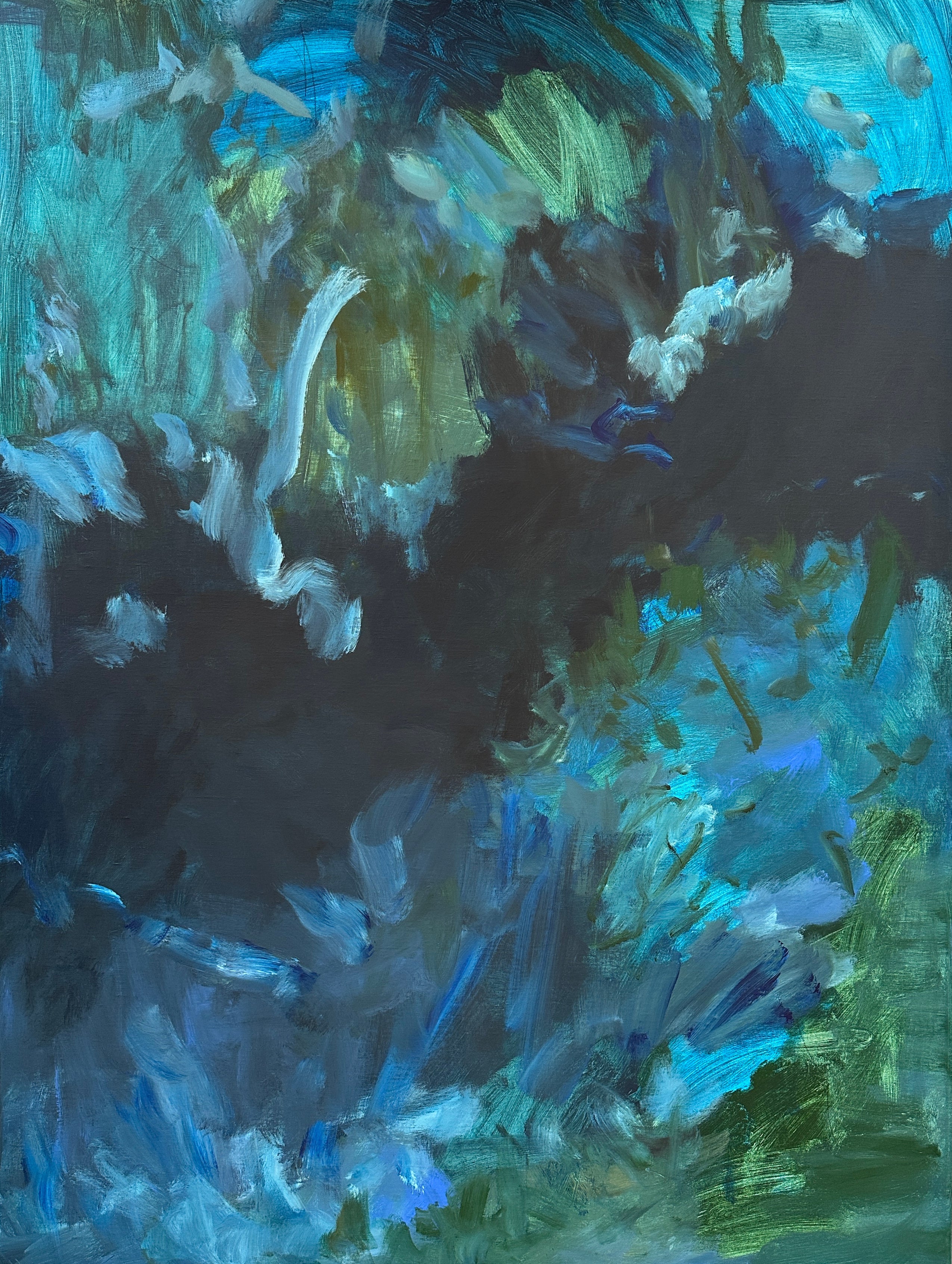 Vibrant, blue and green abstract painting - cropped front view