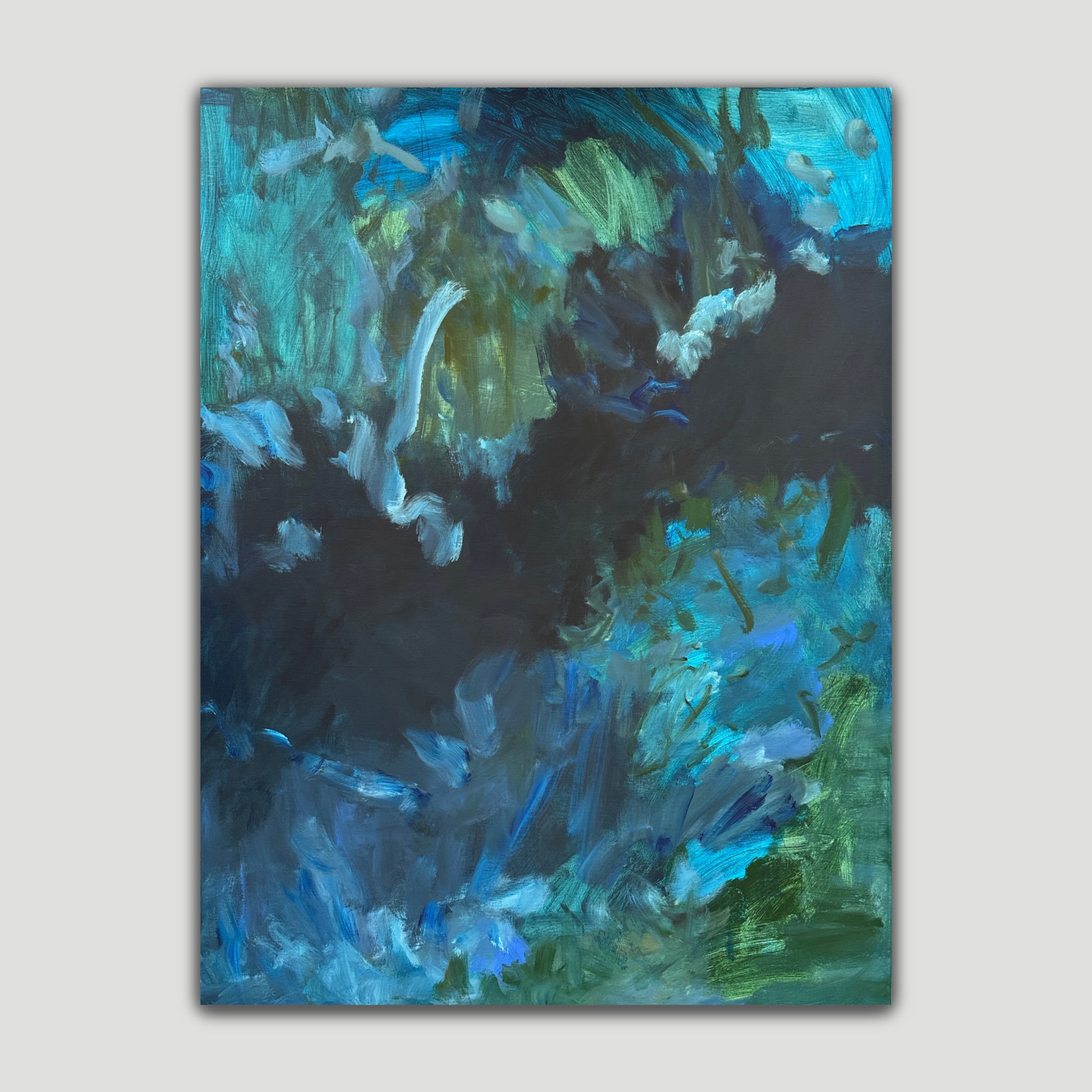 Contemporary abstract painting in with sweeping, gestural brushstrokes in blue and green - front view
