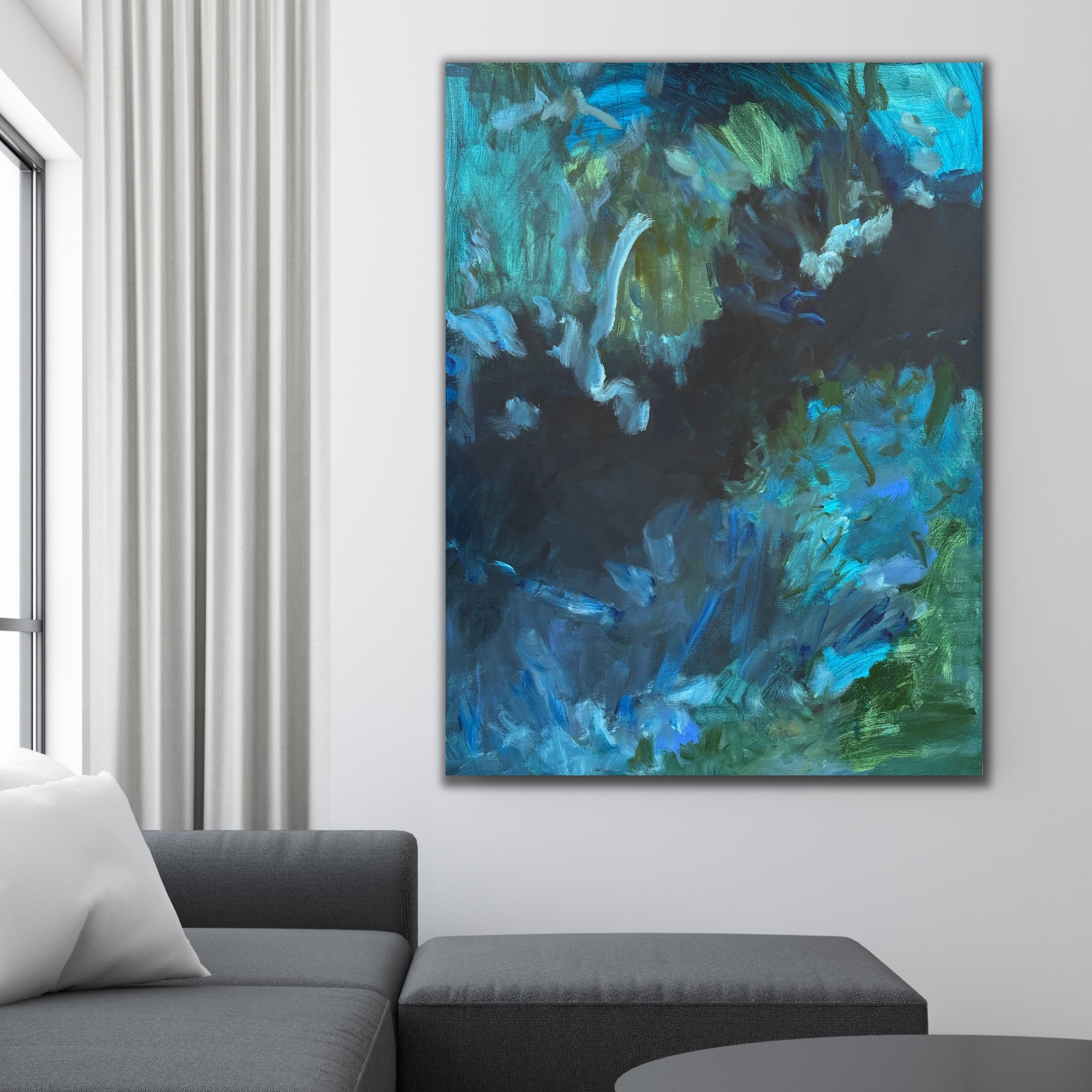 Abstract painting that alludes to a landscape or seascape shown hanging in a modern living room