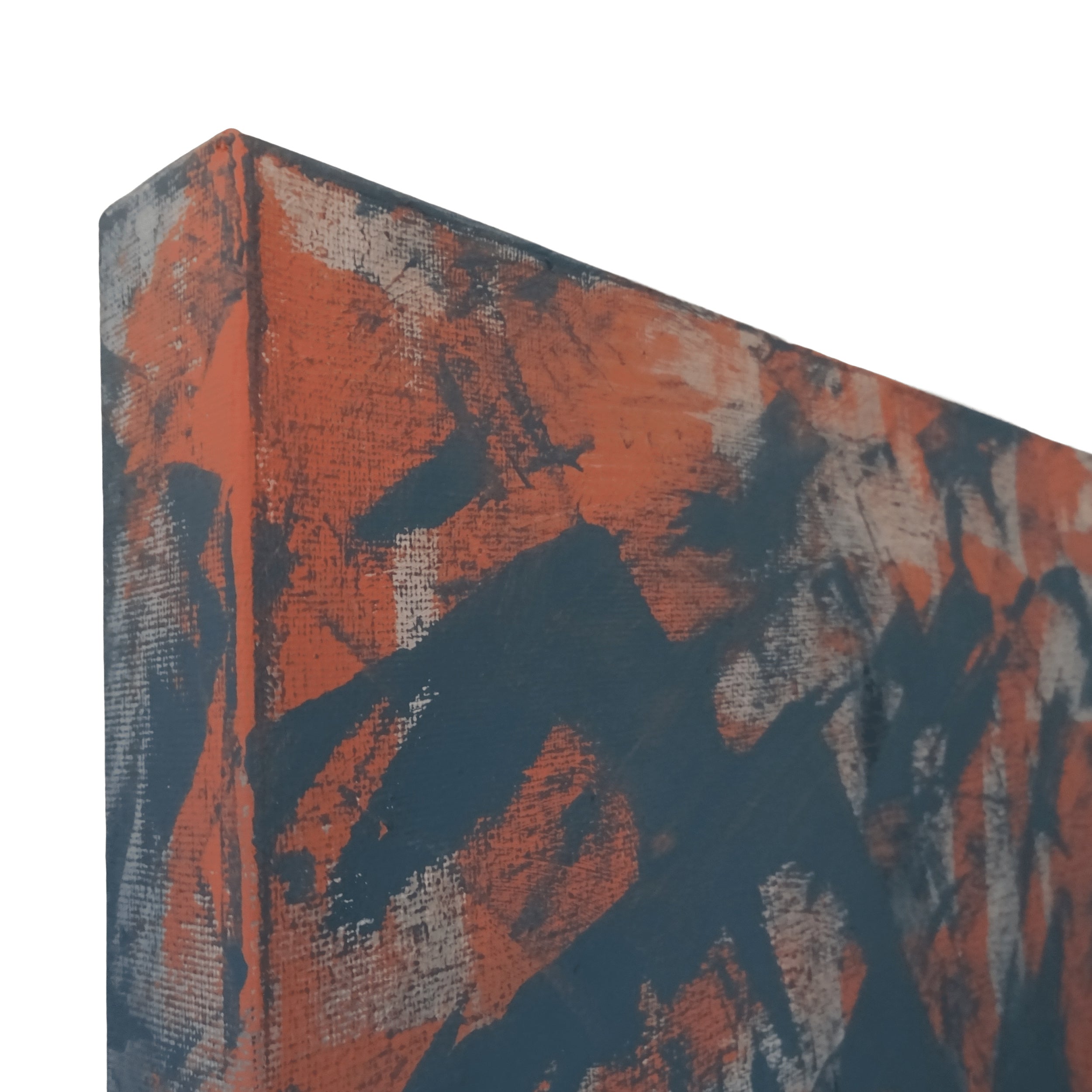 Expressive, orange-red and charcoal abstract painting - edge detail view