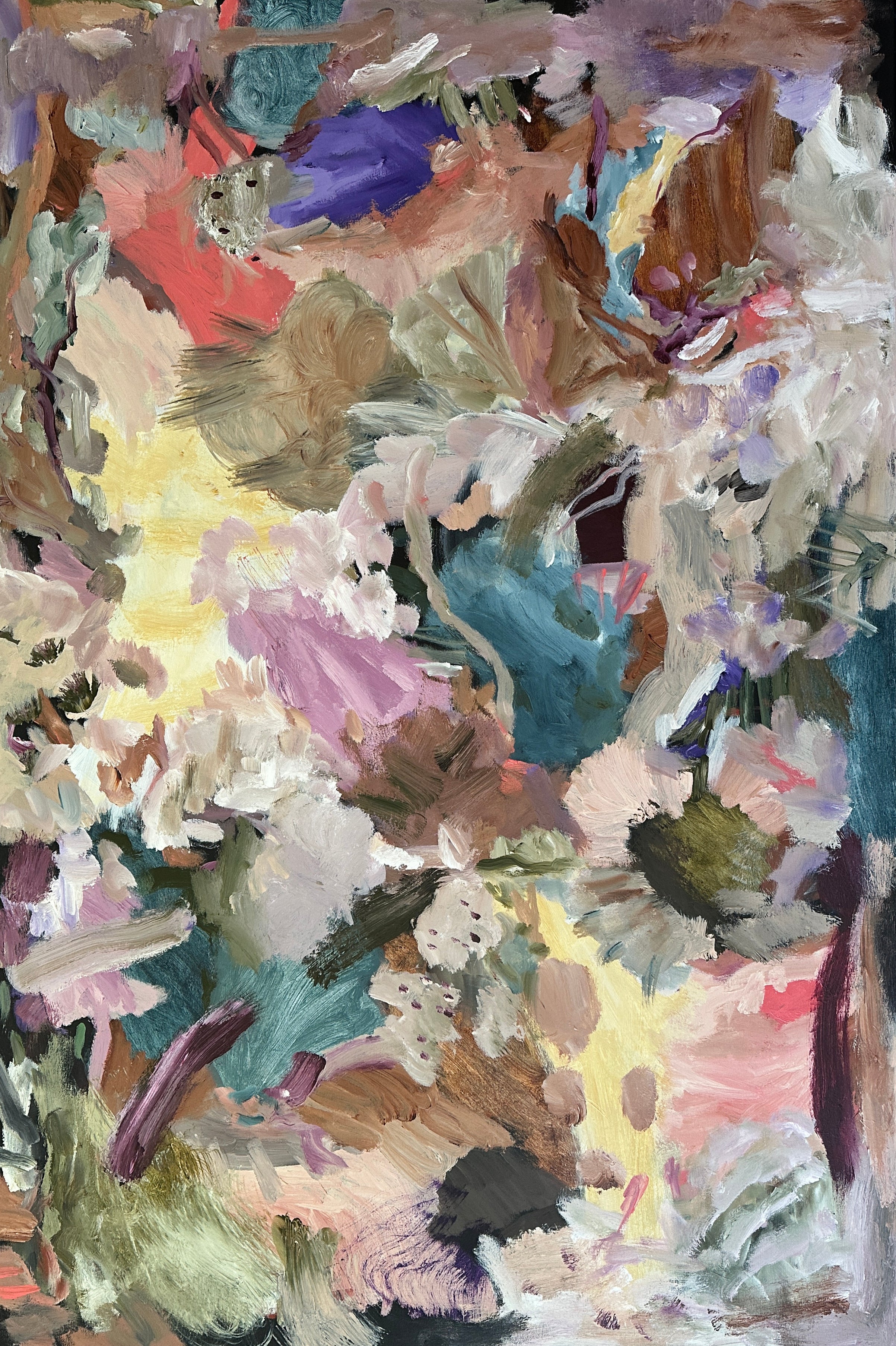 Large colourful abstract painting with gestural brushstrokes inspired by nature and gardens - cropped front view
