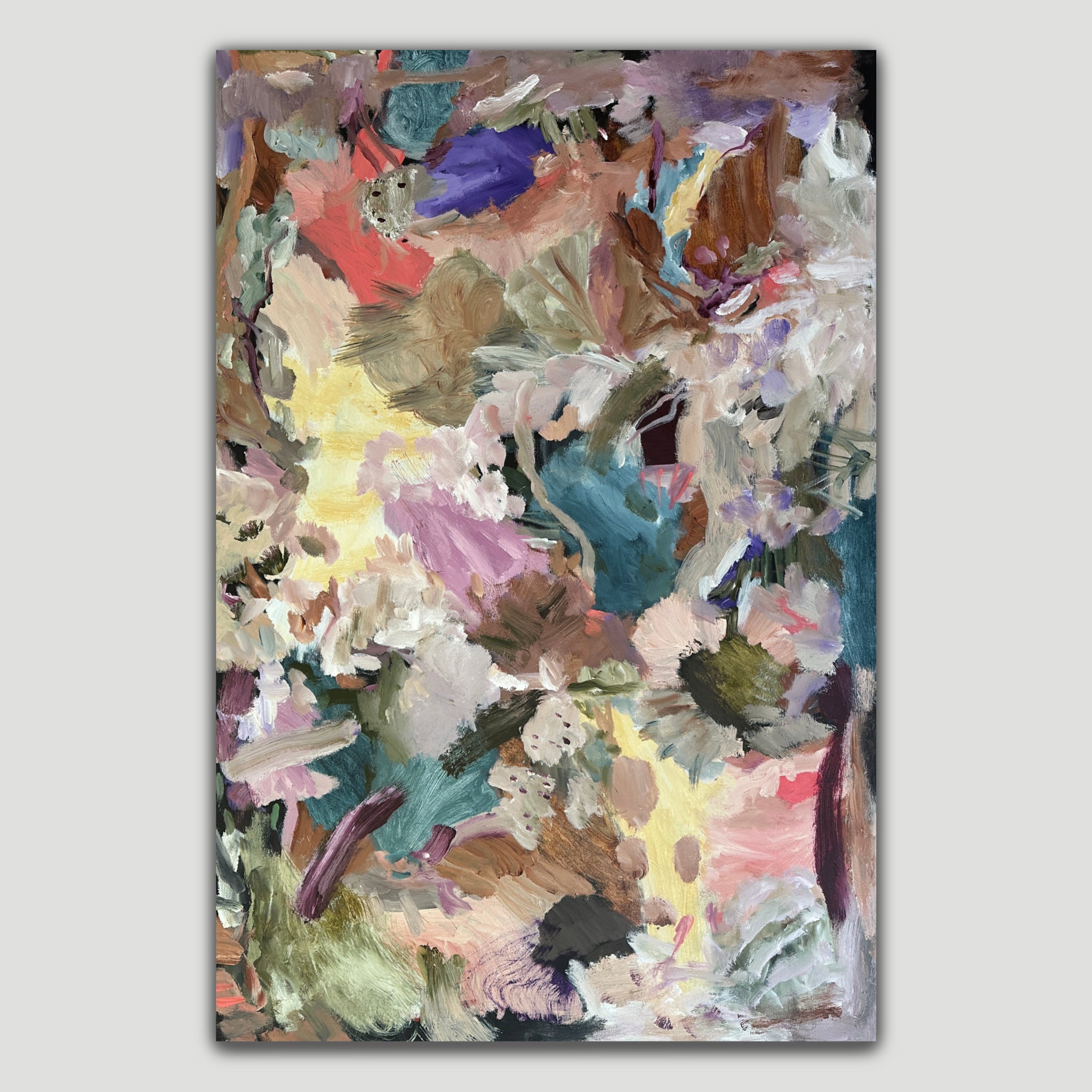 Large abstract expressionist painting in blue, brown, beige, yellow, green, pink and purple - front view